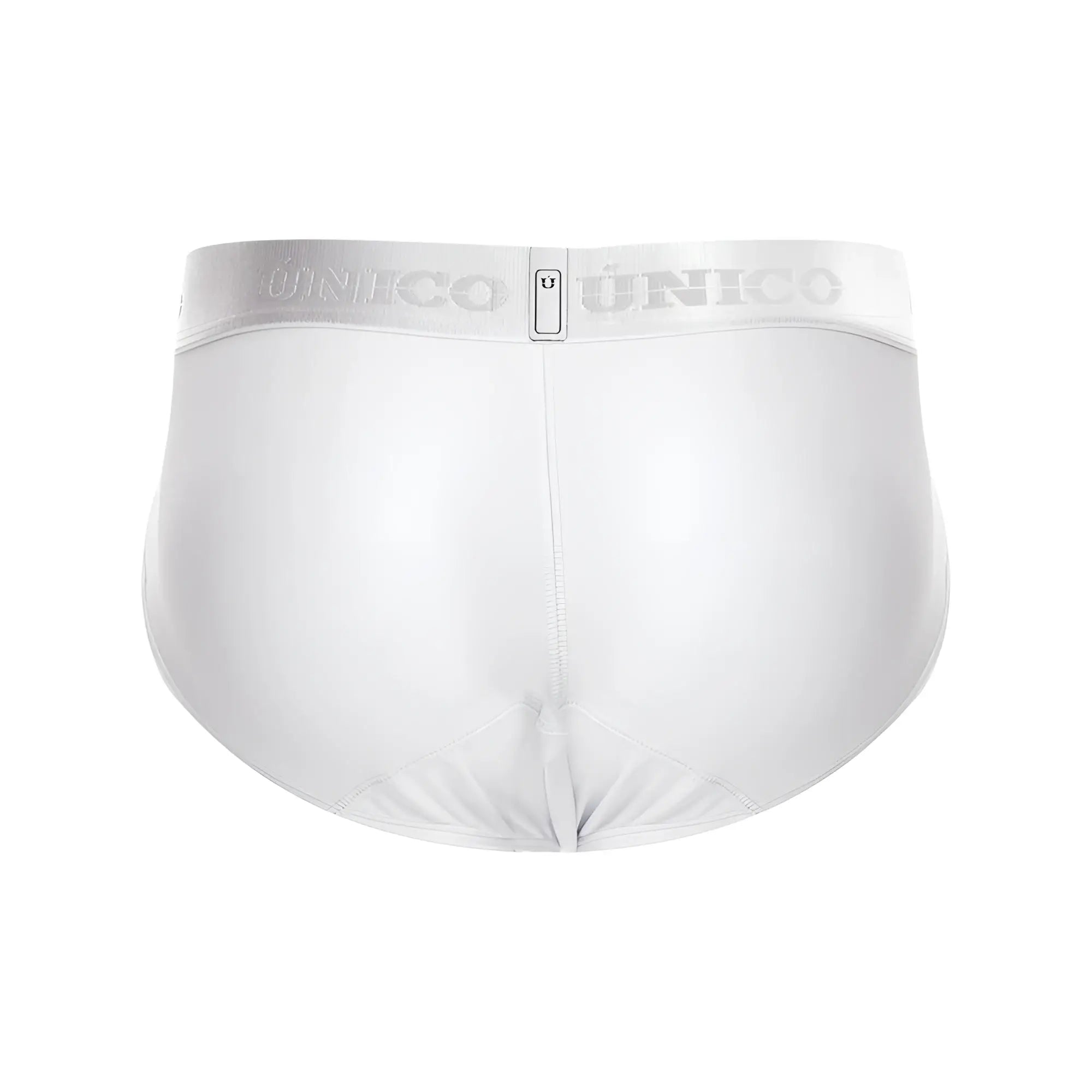 White unico men’s briefs with silver elastic waistband featuring the brand logo in cristalino 00-white color