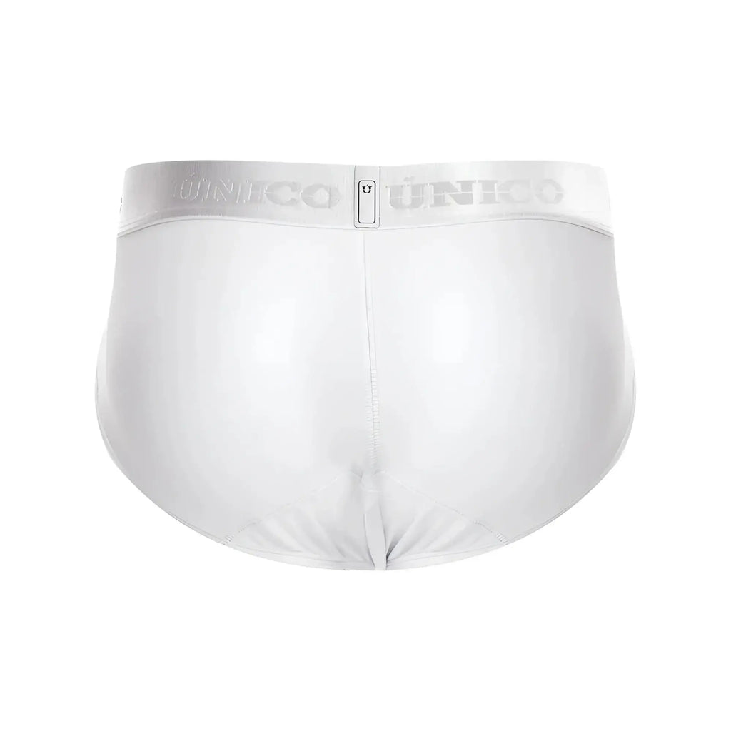 White unico men’s briefs with silver elastic waistband featuring the brand logo in cristalino 00-white color