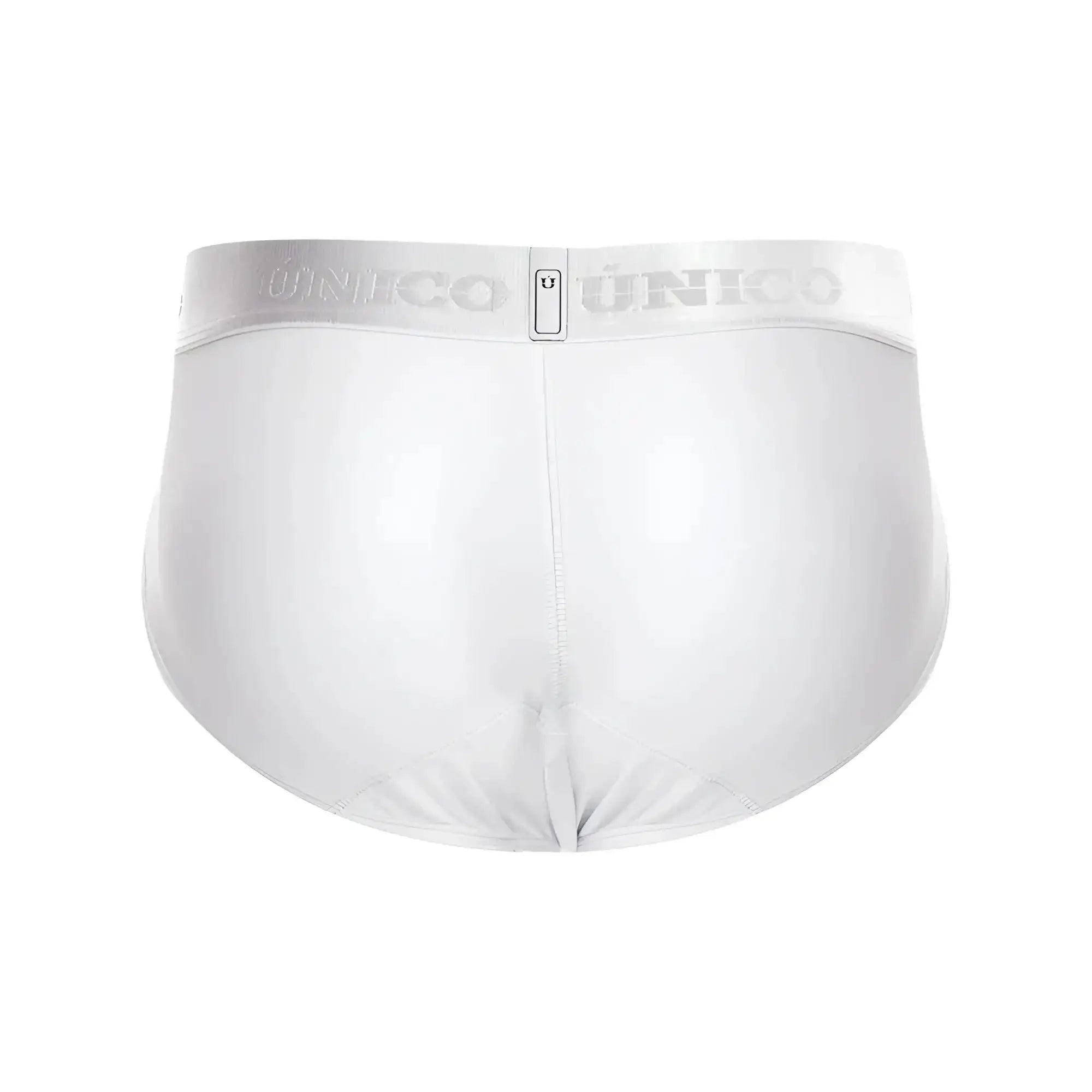 White unico men’s briefs with silver elastic waistband featuring the brand logo in cristalino 00-white color