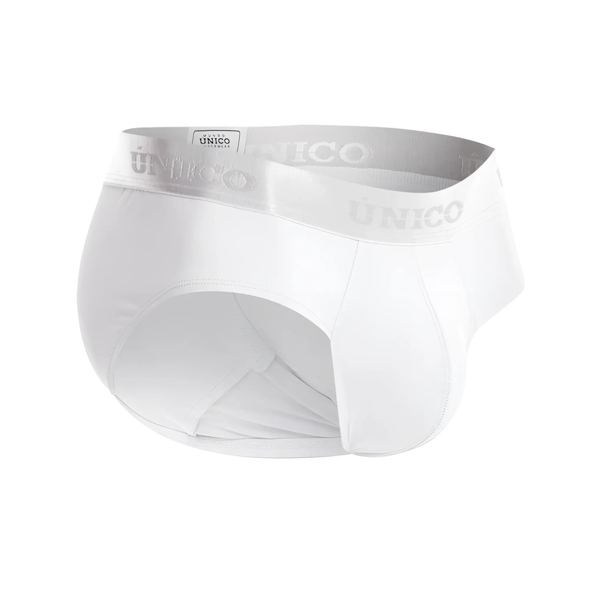 White unico men’s briefs with a subtle gray waistband featuring the brand name in cristalino m22 style color white