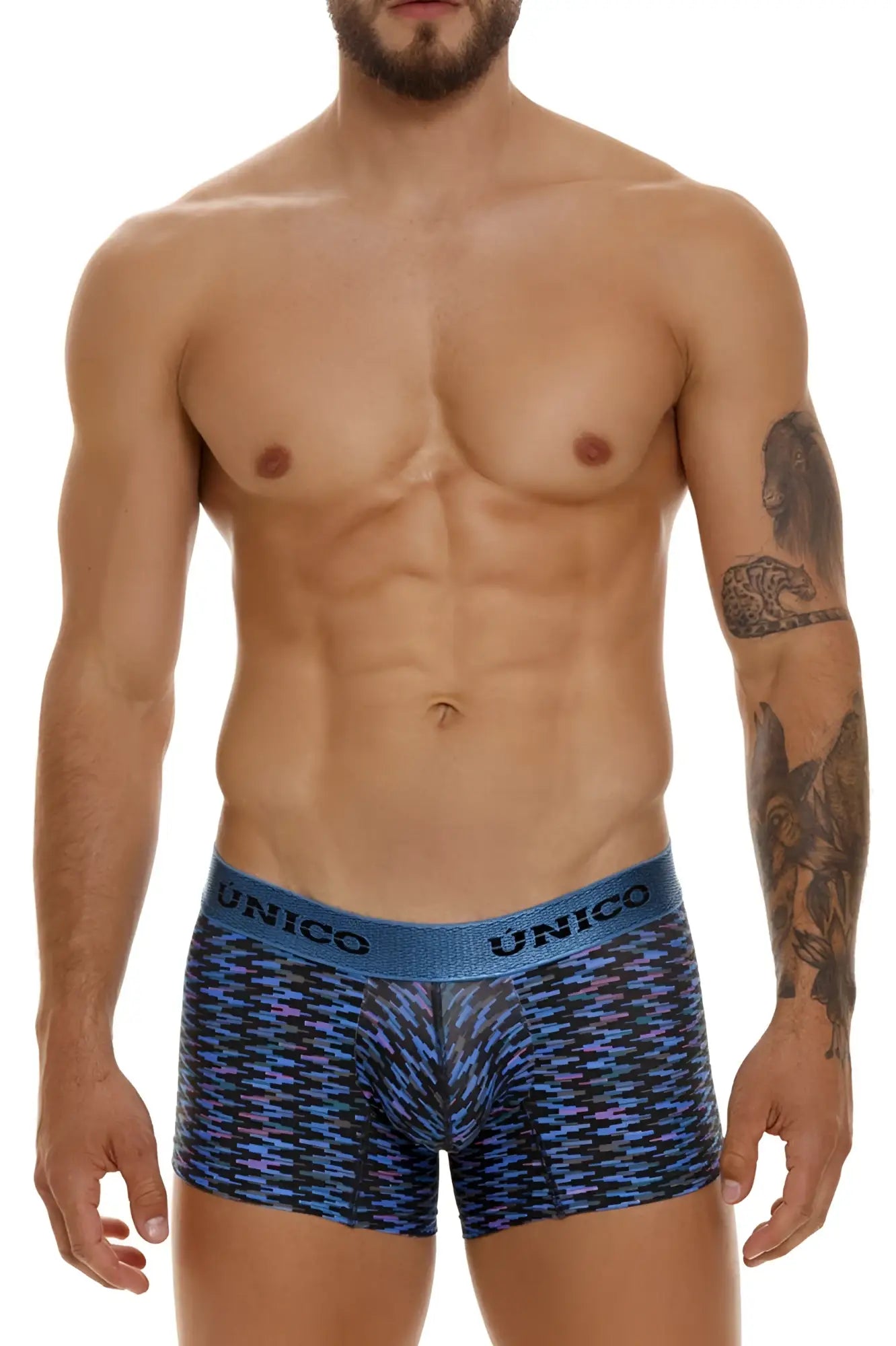 Unico 23080100121 Filamento trunks in blue and black patterned fabric with solid blue waistband for comfortable fit