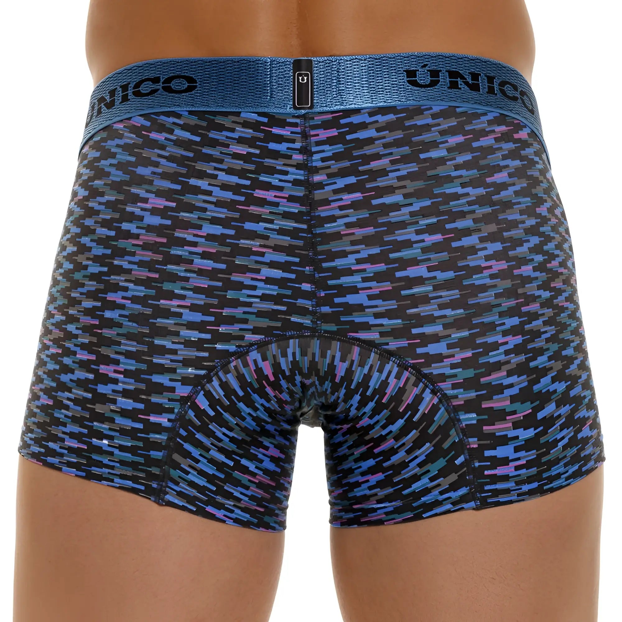 Unico 23080100121 filamento trunks in blue feature blue and purple geometric pattern and textured waistband