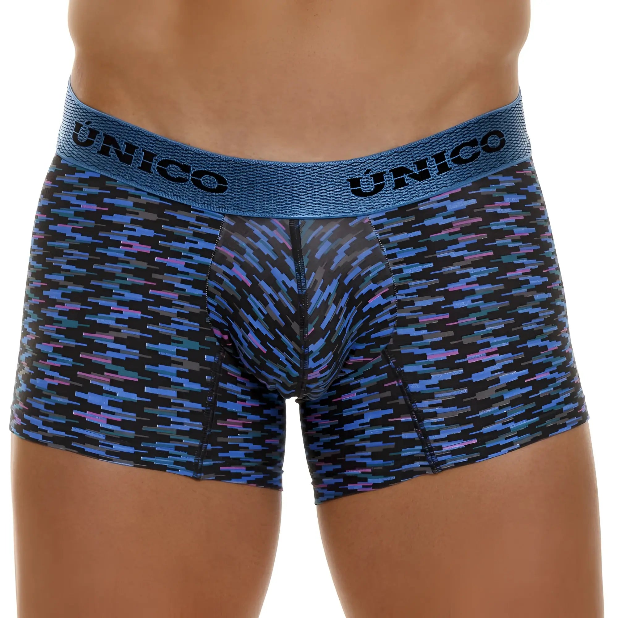 Blue and purple geometric-patterned unico men’s boxer briefs with textured waistband filamento trunks color 46-blue