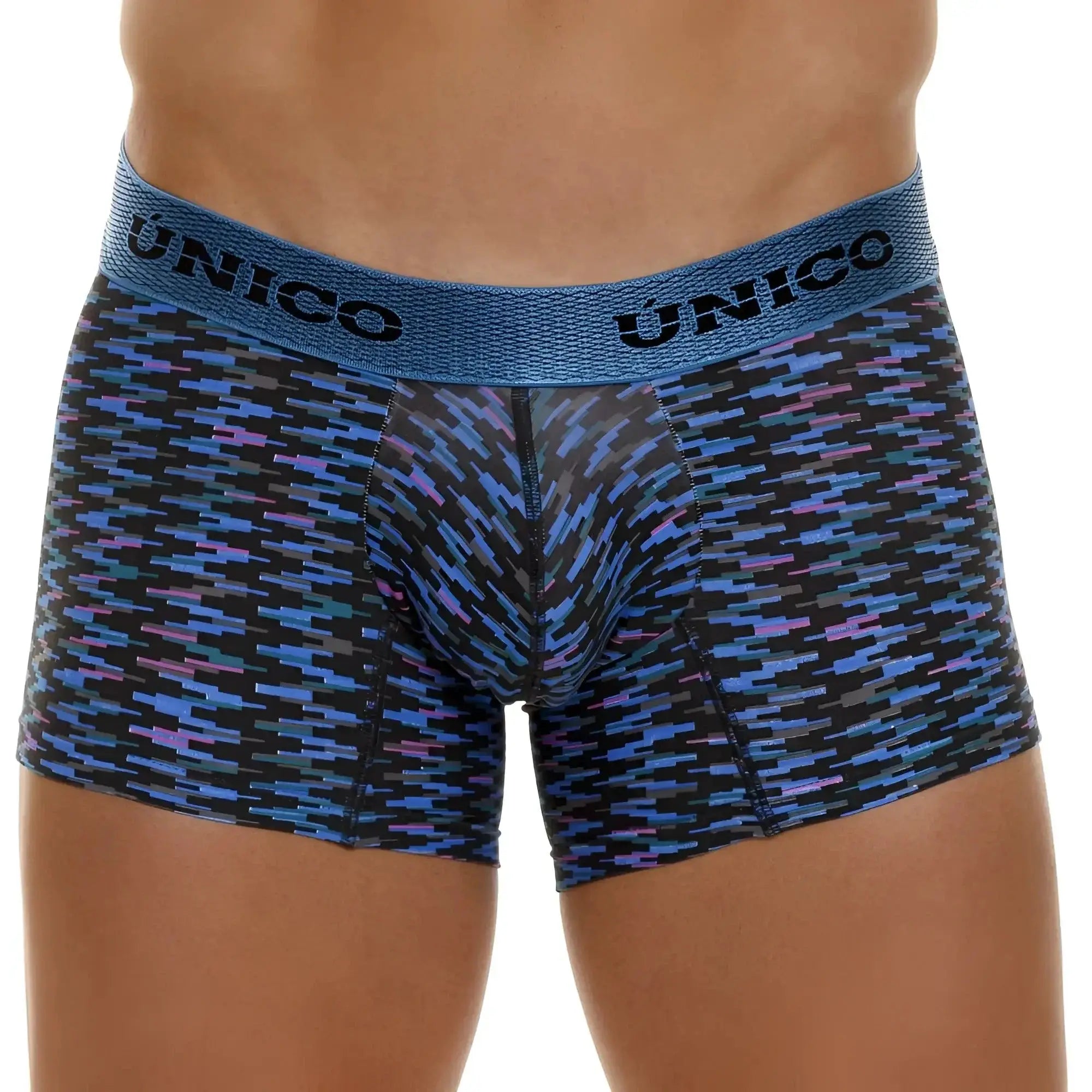 Blue and purple geometric-patterned unico men’s boxer briefs with textured waistband filamento trunks color 46-blue