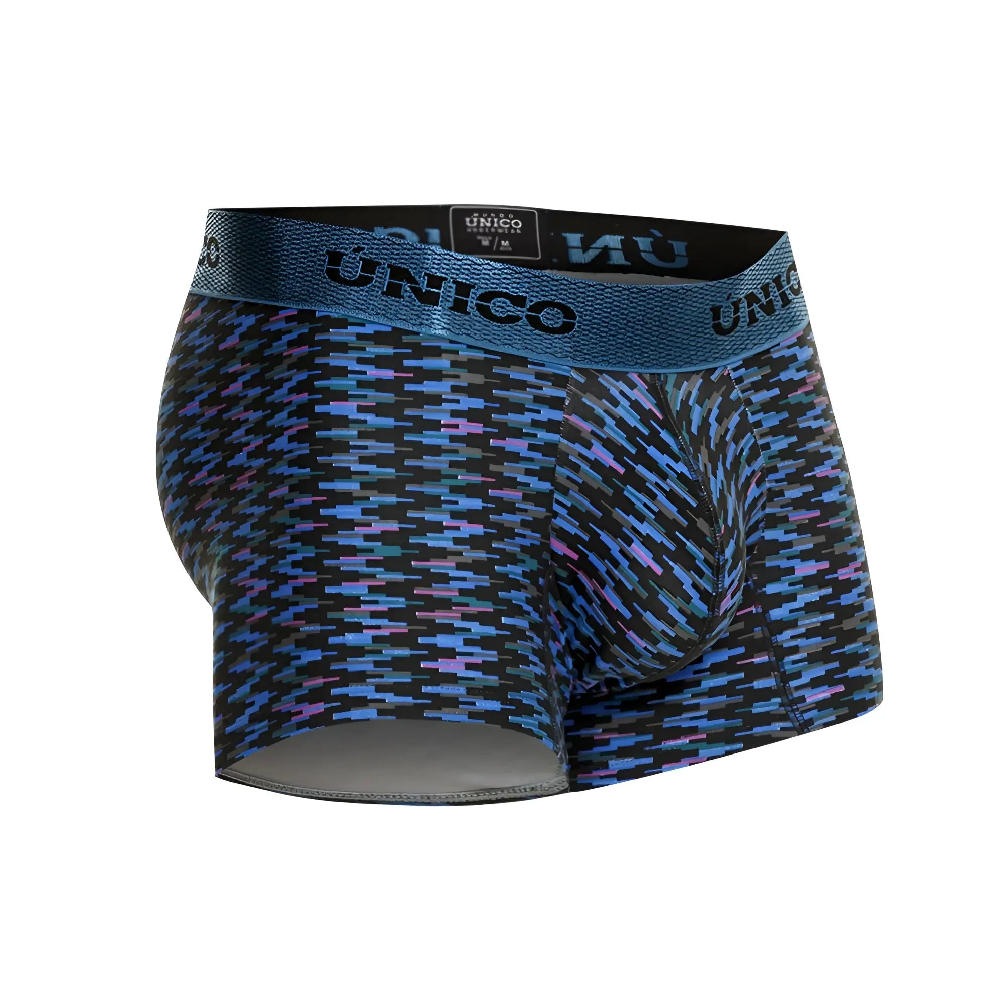 Unico 23080100121 filamento trunks men’s boxer briefs with blue and purple geometric pattern and textured waistband