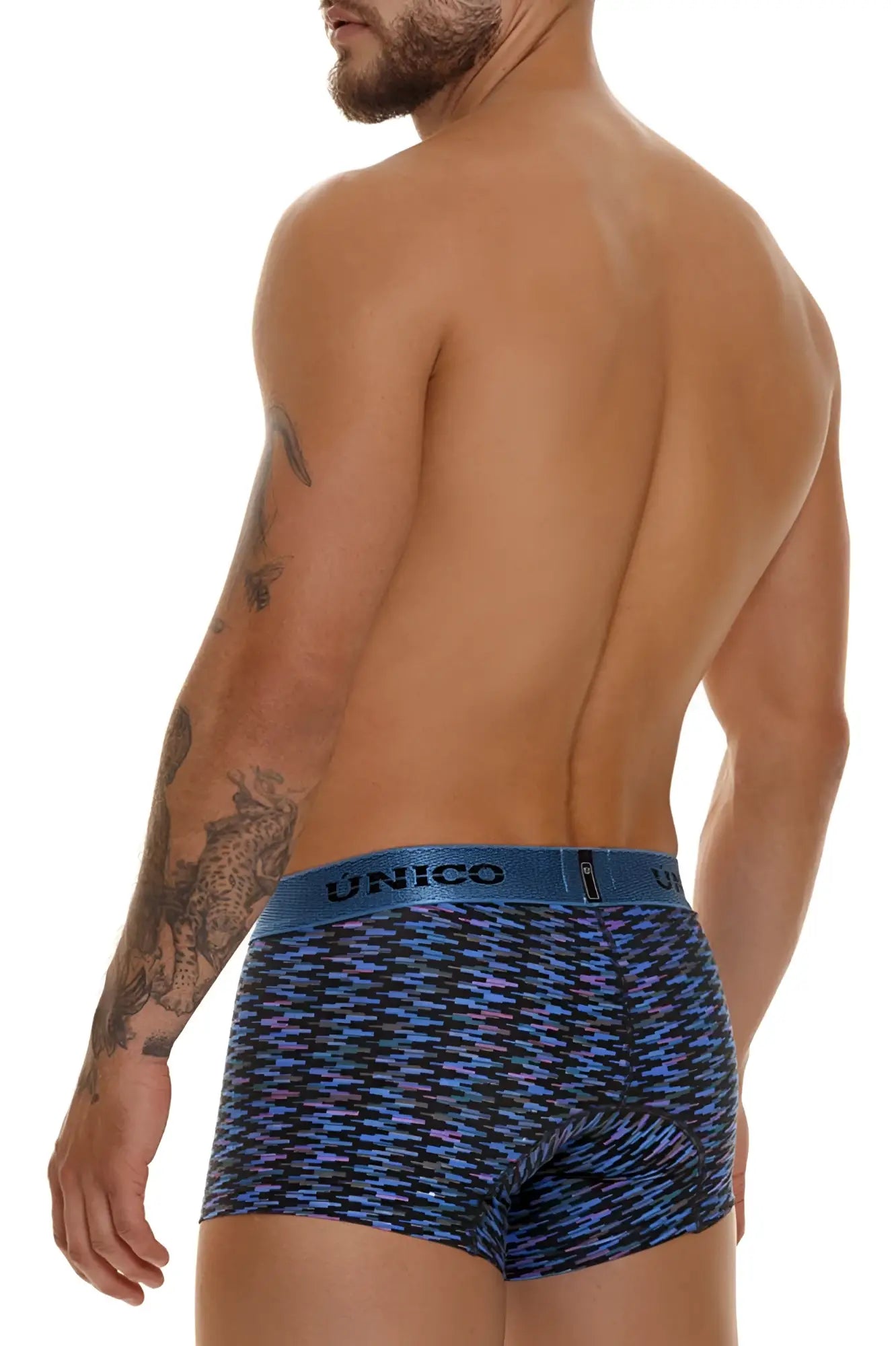 Unico 23080100121 Filamento trunks with blue and purple pattern and solid blue waistband for comfortable wear