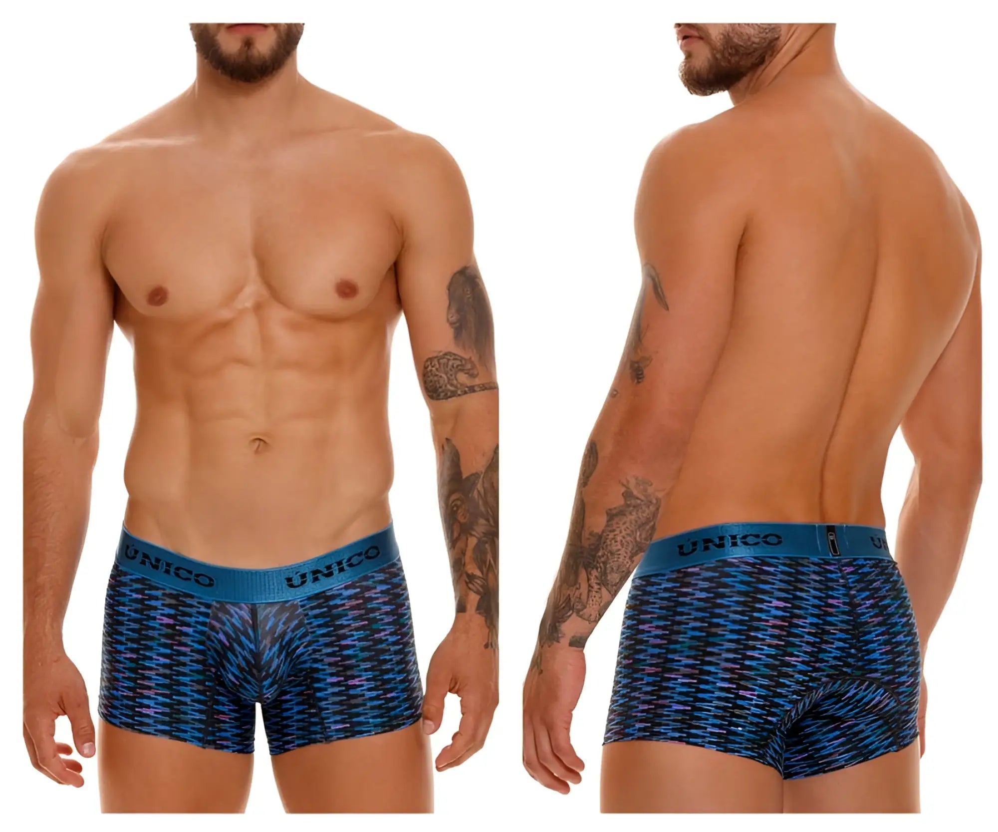 Blue and purple patterned unico 23080100121 filamento trunks with geometric design boxer briefs
