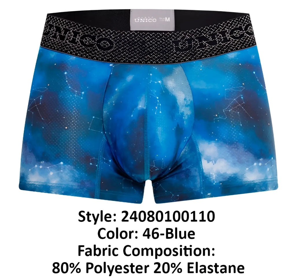 Blue celestial-themed unico 24080100110 infinito trunks boxer briefs with black elastic waistband and brand logo