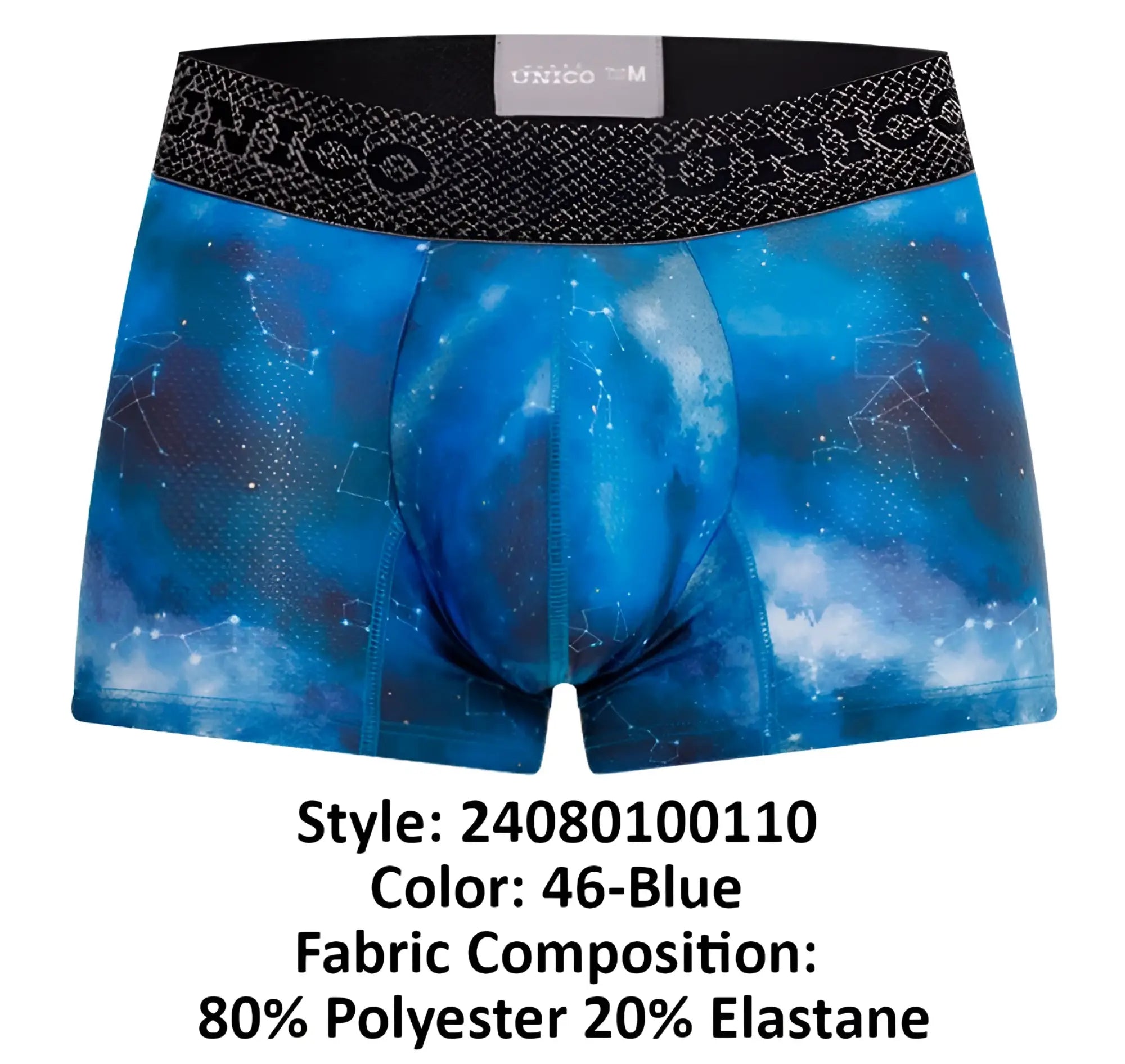 Blue celestial-themed unico 24080100110 infinito trunks boxer briefs with black elastic waistband and brand logo