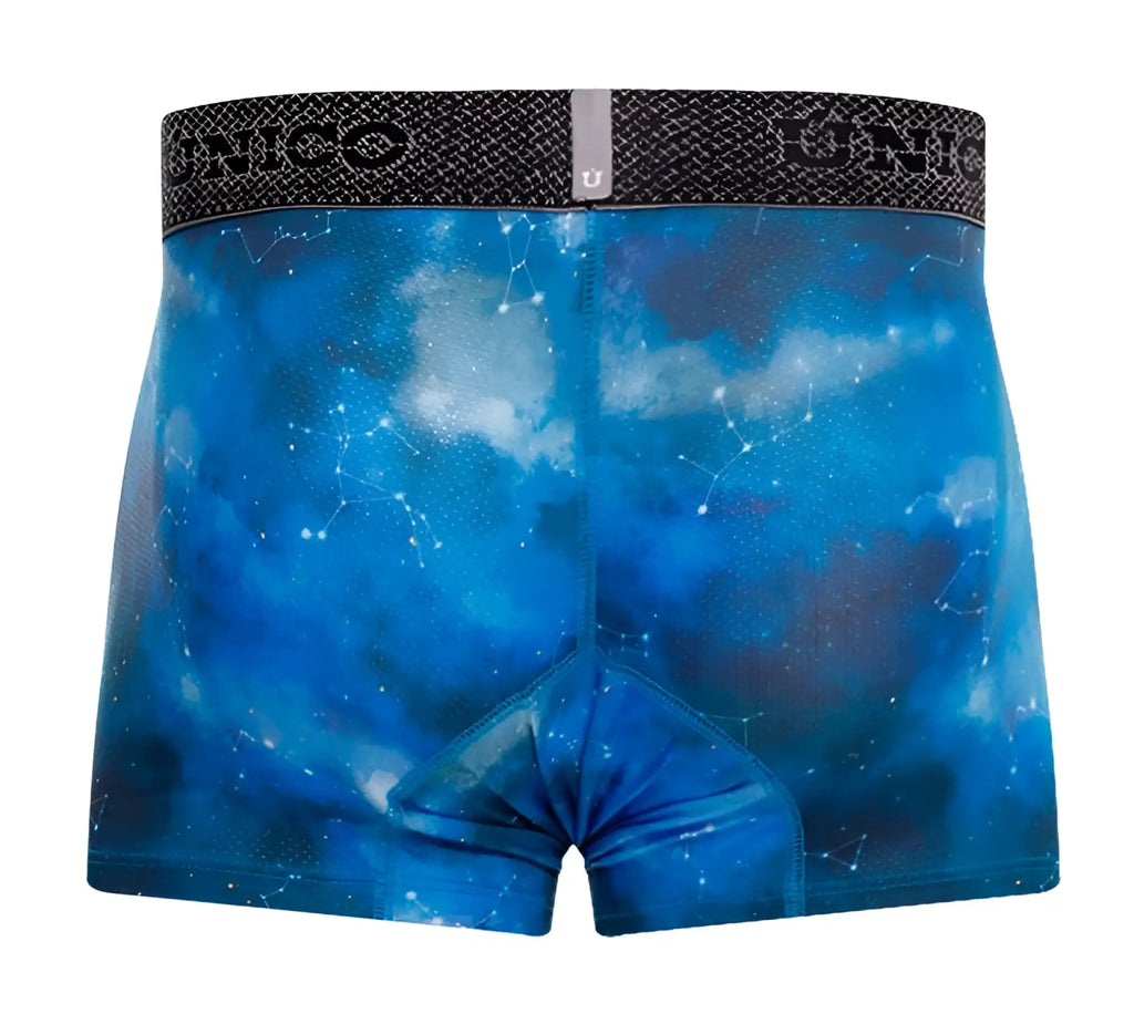Blue celestial-themed men’s boxer briefs with black unico waistband in infinito trunks color 46-blue