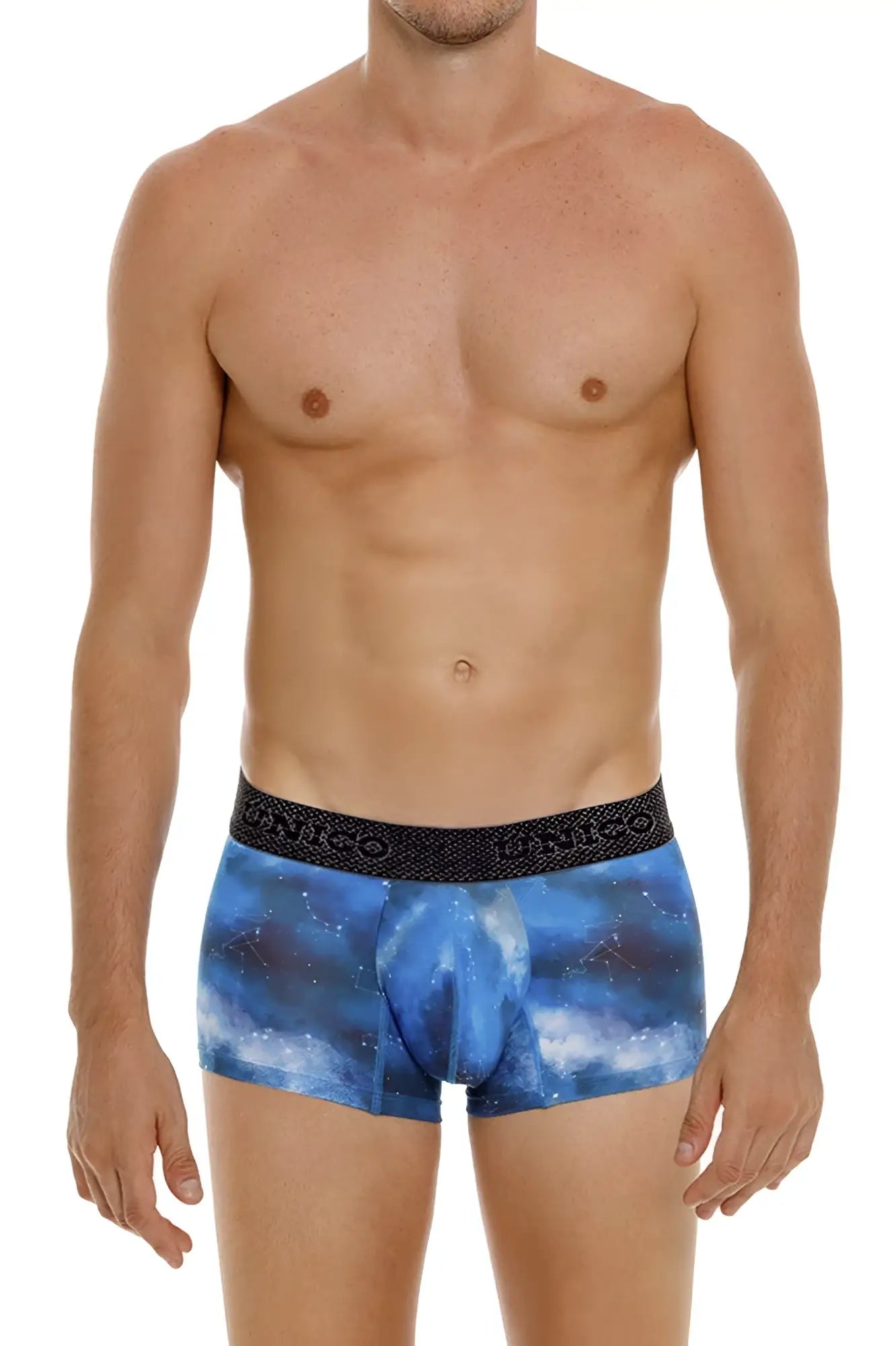 Blue galaxy-patterned men’s briefs with black banico waistband infinito trunks color 46-blue unico 24080100110