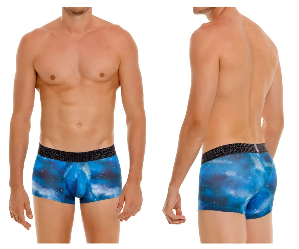 Blue galaxy-patterned men’s boxer briefs with black elastic waistband featuring citrico brand name modelo unico 24080100110