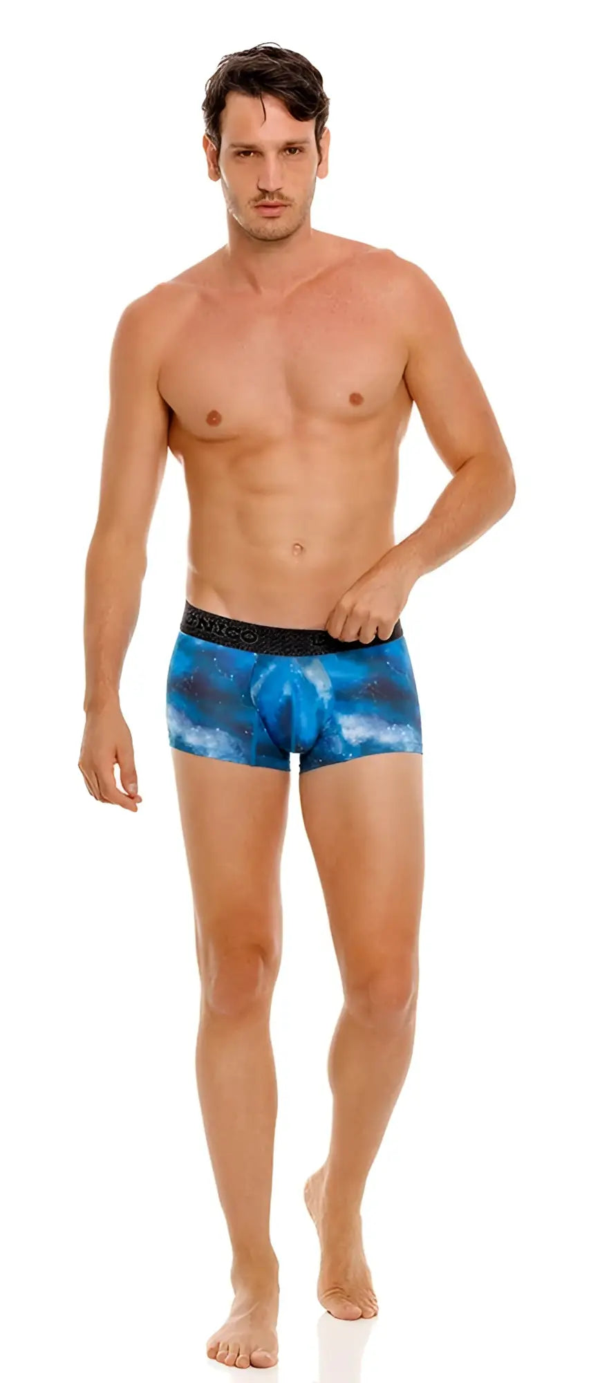 Blue galaxy-patterned Unico Infinito men’s boxer briefs with black elastic waistband in color 46 blue