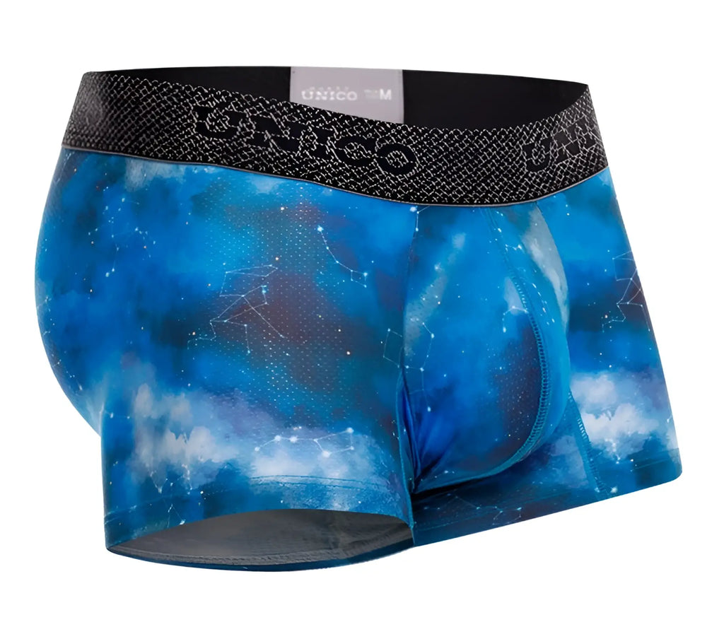 Blue galaxy-themed unico 24080100110 infinito trunks men’s boxer briefs with black waistband featuring brand name