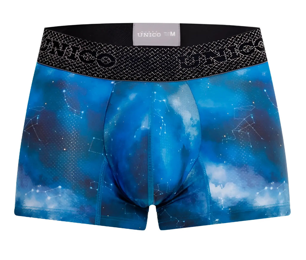 Unico 24080100110 infinito trunks blue galaxy themed men’s boxer briefs with star constellations and black waistband
