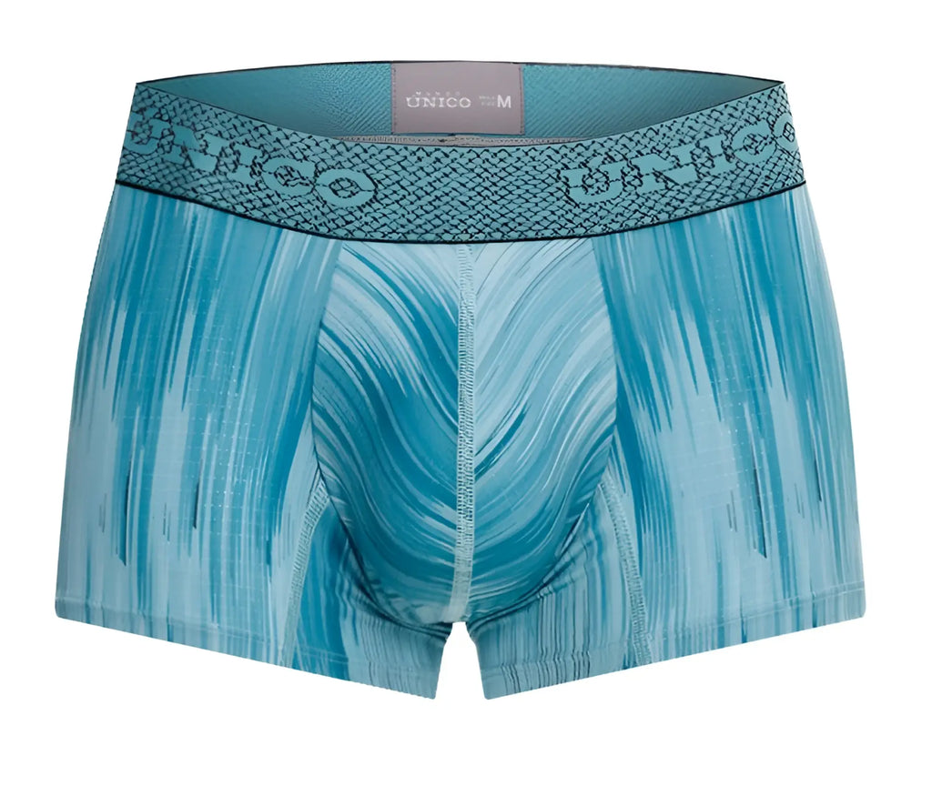 Blue patterned men’s boxer briefs by unico with a textured waistband featuring the unico logo color 43-blue