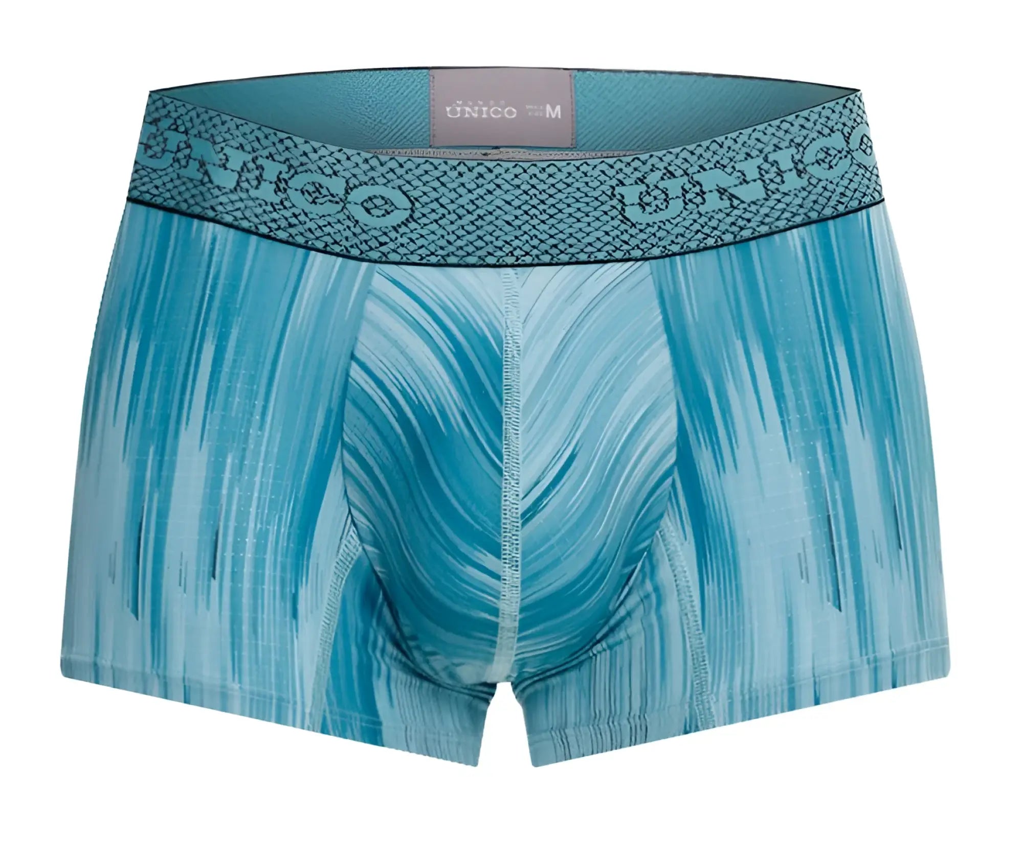 Blue patterned men’s boxer briefs by unico with a textured waistband featuring the unico logo color 43-blue