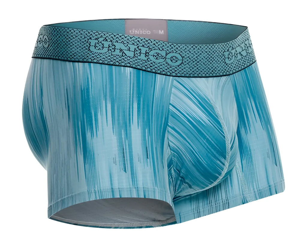 Teal and light blue abstract patterned men’s briefs with textured waistband featuring unico logo color 43-blue