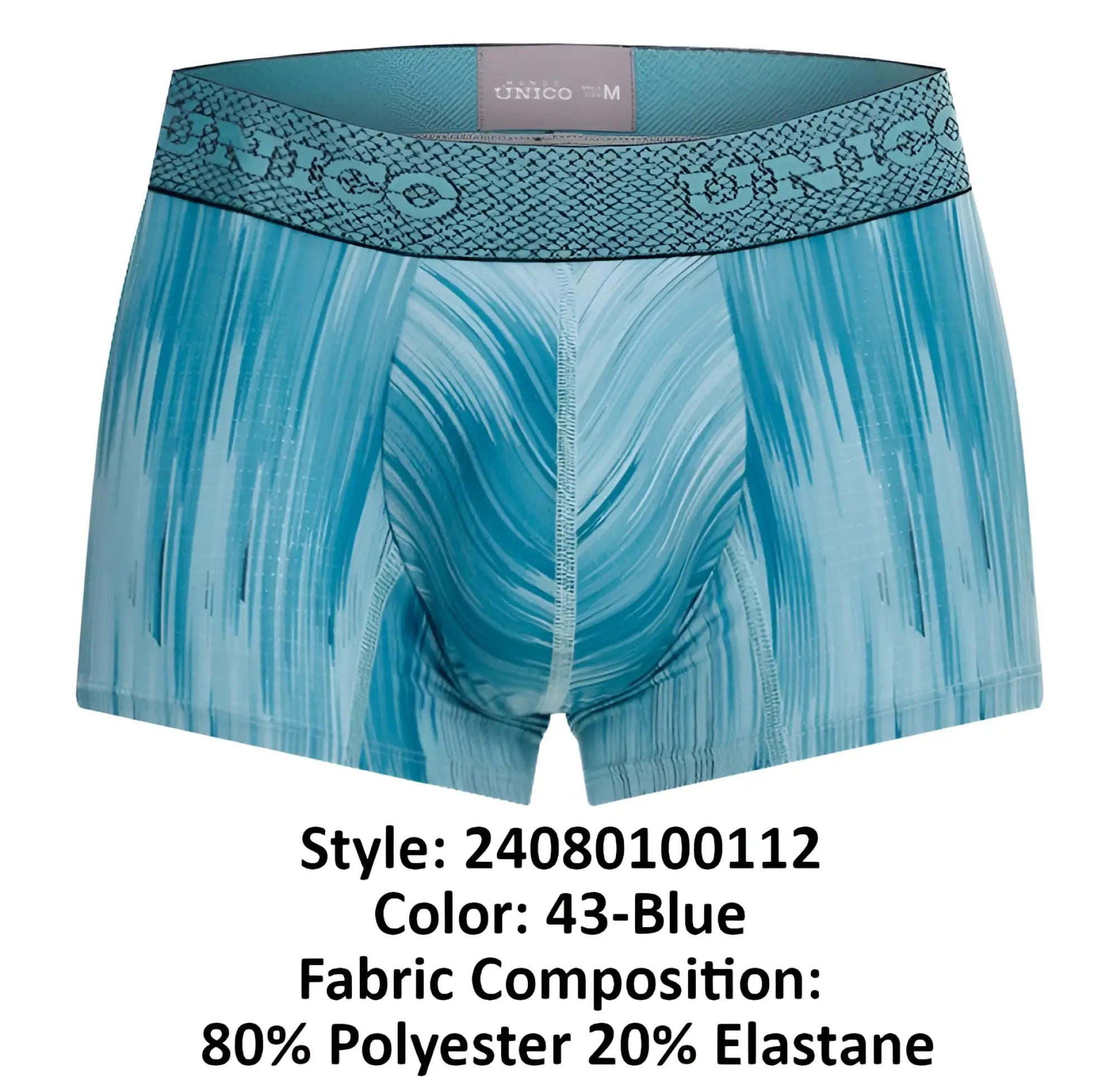 Teal blue patterned unico 24080100112 hilada trunks with textured waistband and unico brand logo
