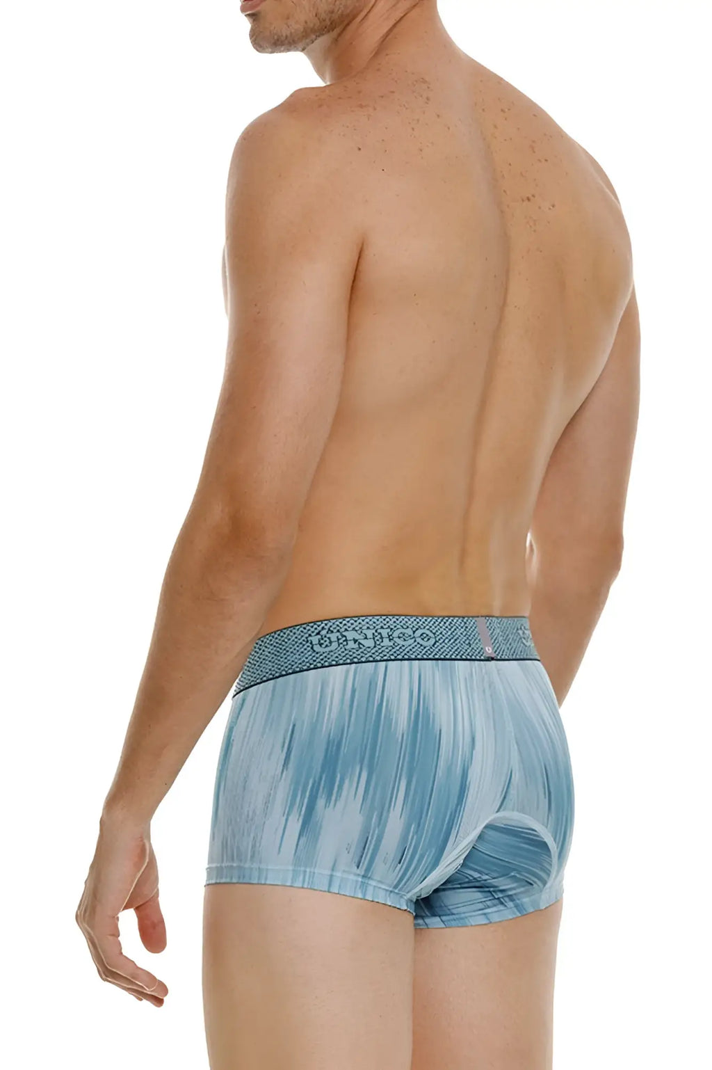 Blue and white abstract patterned men’s boxer briefs with textured waistband branded davino unico 24080100112 hilada trunks