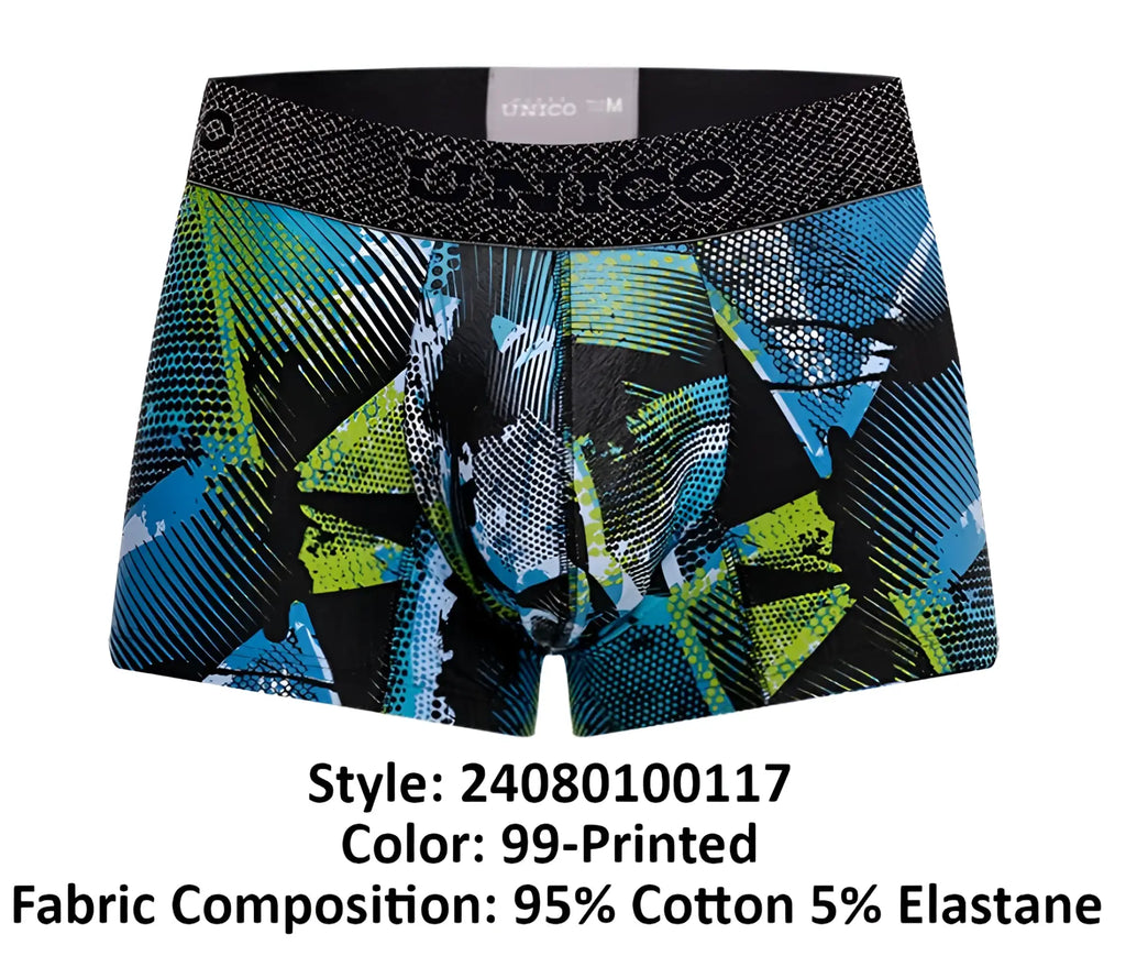 Unico 24080100117 Trino trunks boxer briefs in black blue and lime green with textured unico logo waistband