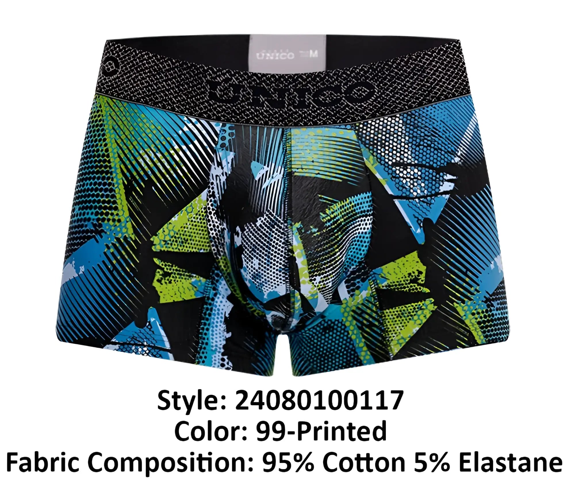 Unico 24080100117 Trino trunks boxer briefs in black blue and lime green with textured unico logo waistband