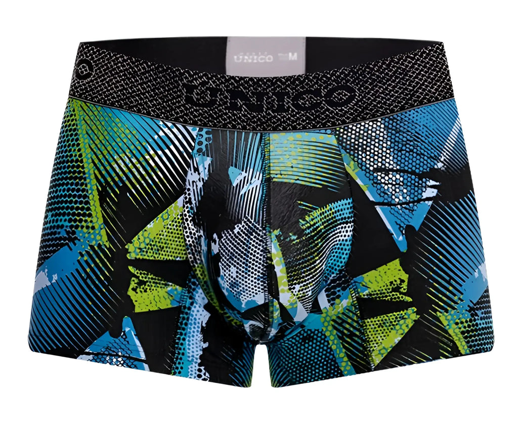 Unico 24080100117 Trino trunks color 99 printed blue and green geometric pattern men’s boxer briefs with black waistband