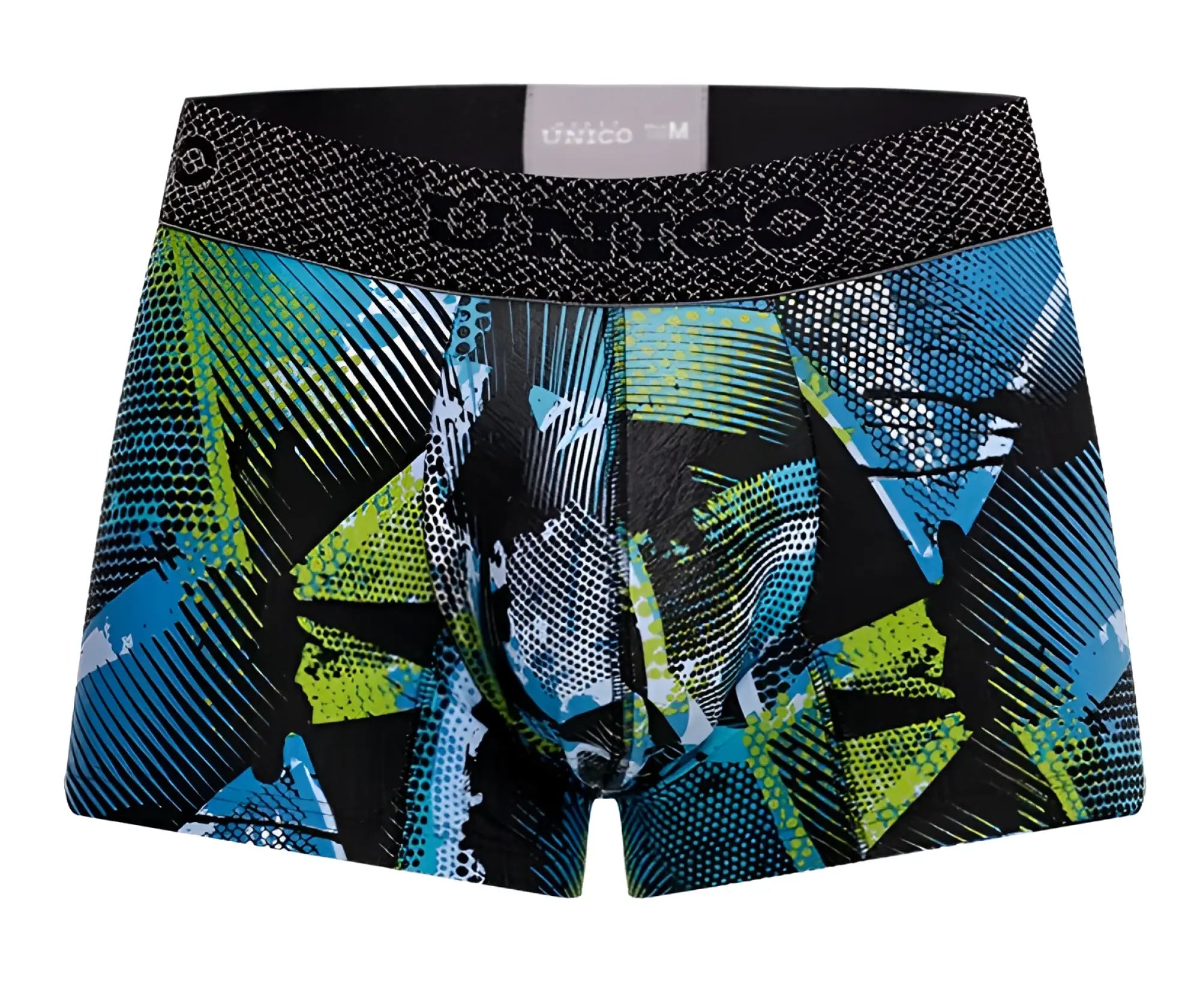Unico 24080100117 Trino trunks color 99 printed blue and green geometric pattern men’s boxer briefs with black waistband