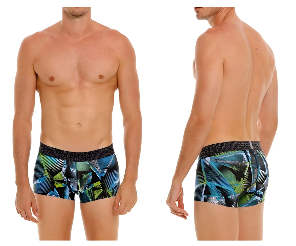 Blue and green geometric-patterned men’s boxer briefs with black gantico waistband unico 24080100117 trino trunks