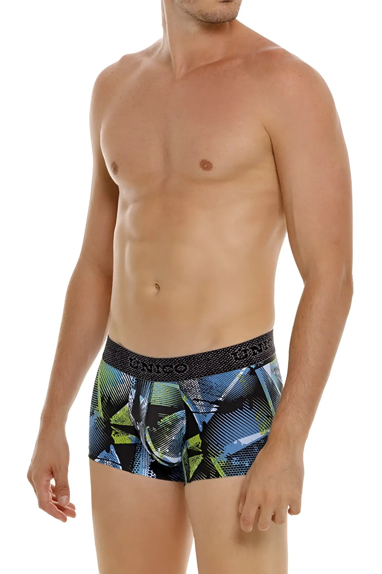 Blue and green geometric patterned men’s boxer briefs with black unico waistband printed trunks color 99