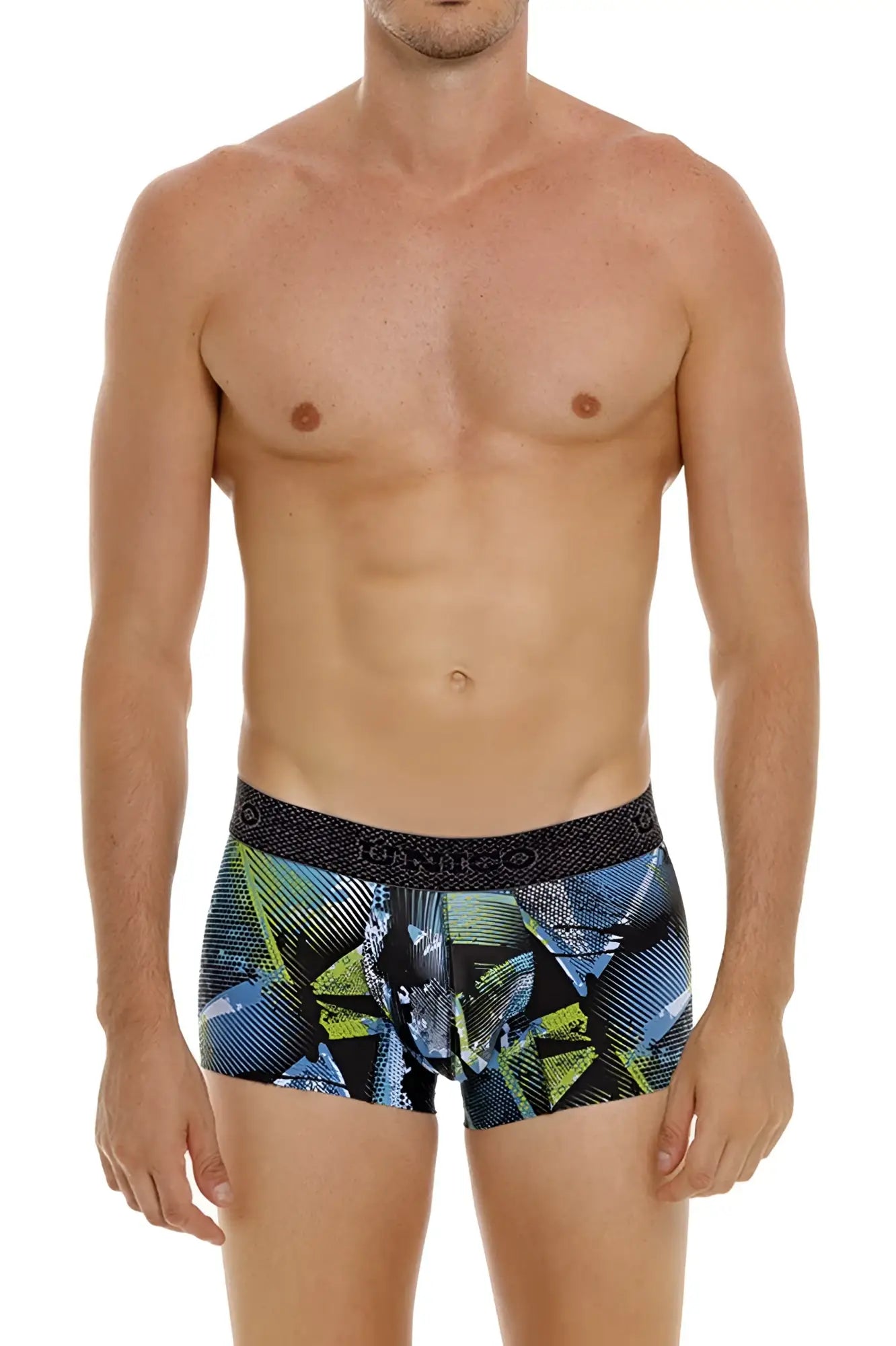 Blue and green geometric-patterned men’s boxer briefs with black elastic waistband featuring brand name unico 24080100117