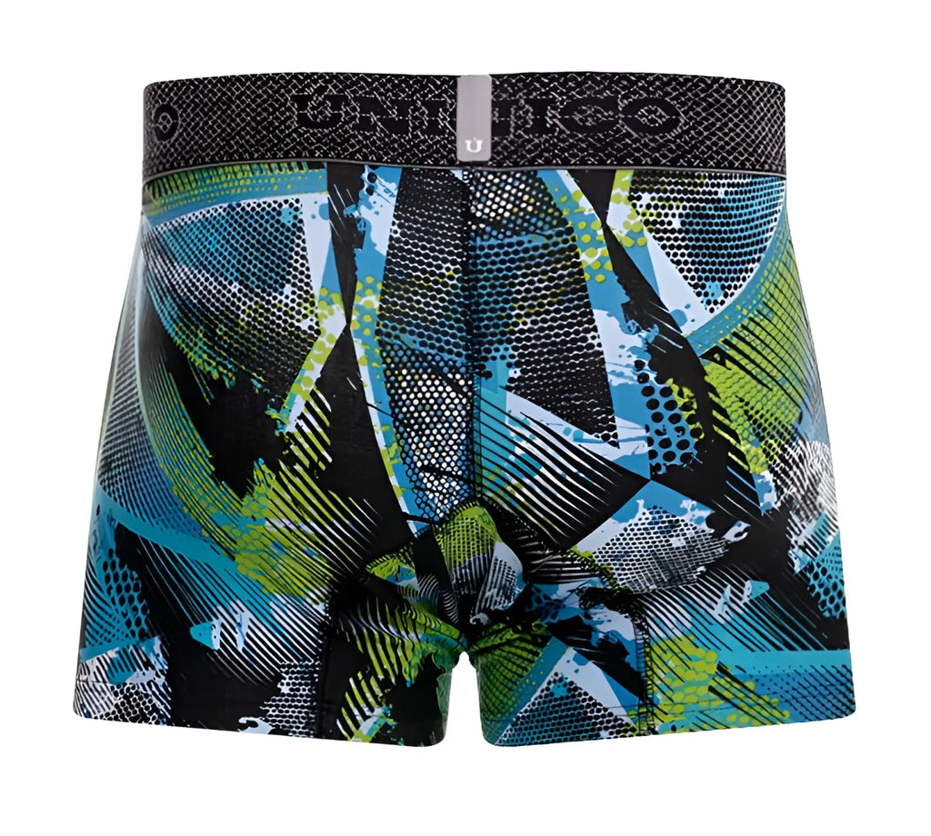 Graphite-colored unico 24080100117 trino trunks with bold blue and lime green abstract printed pattern boxer briefs