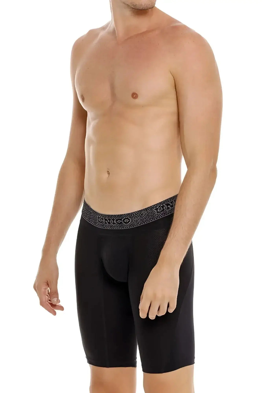 Black men’s unico ardid boxer briefs in black with a patterned waistband featuring the brand name unico