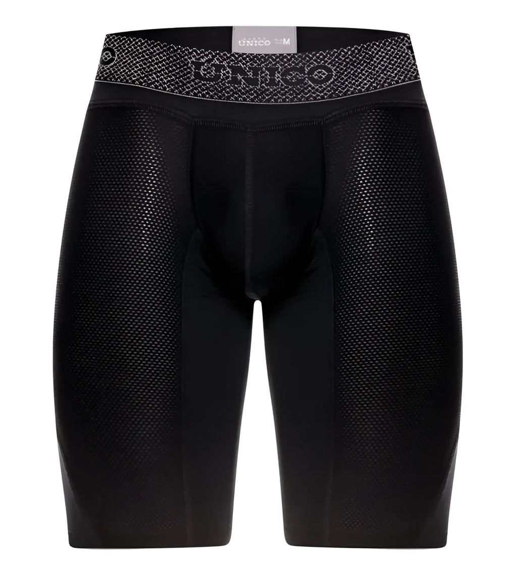 Black unico 24080100322 ardid boxer briefs with textured mesh fabric and patterned waistband front view