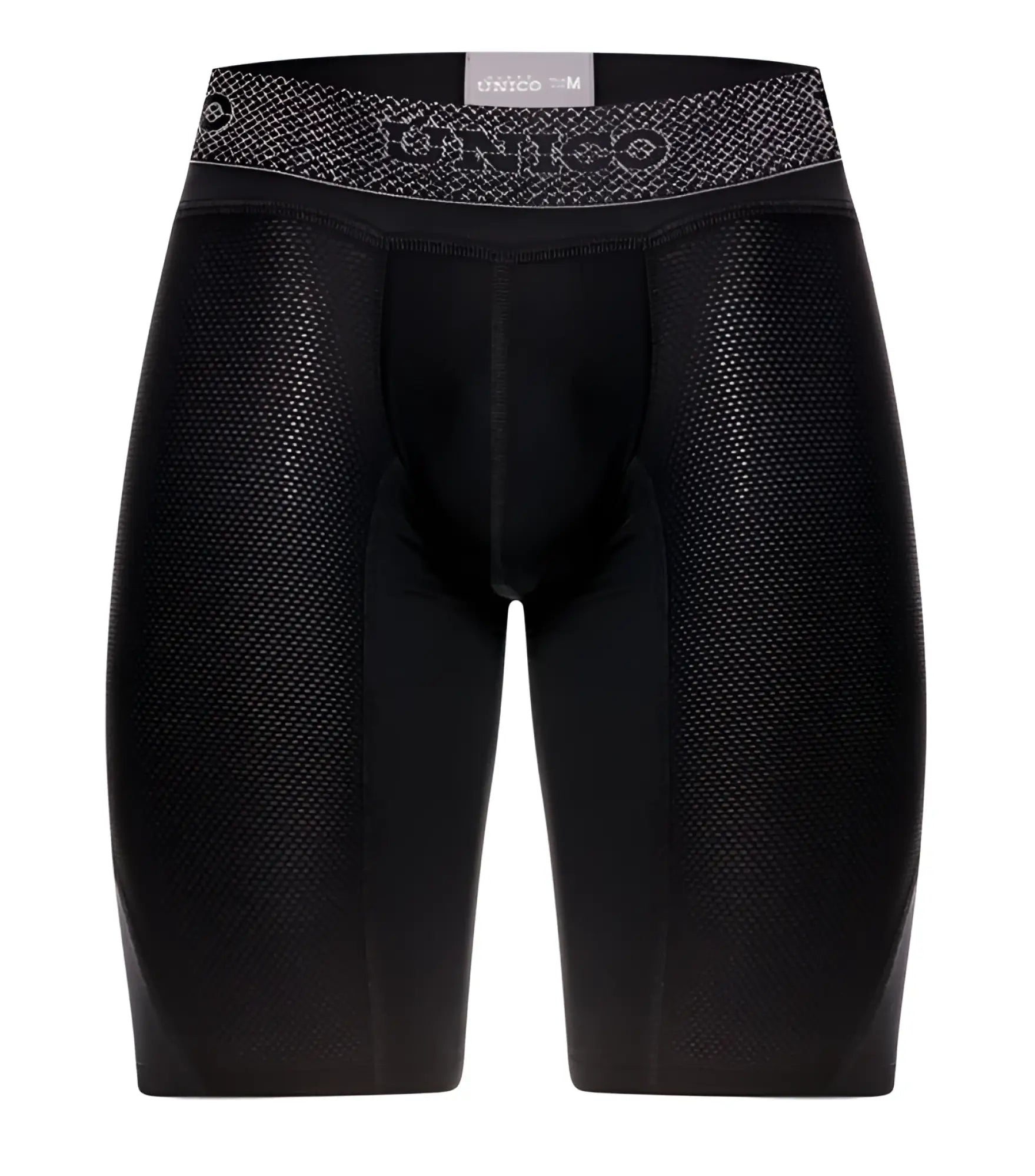Black unico 24080100322 ardid boxer briefs with textured mesh fabric and patterned waistband front view