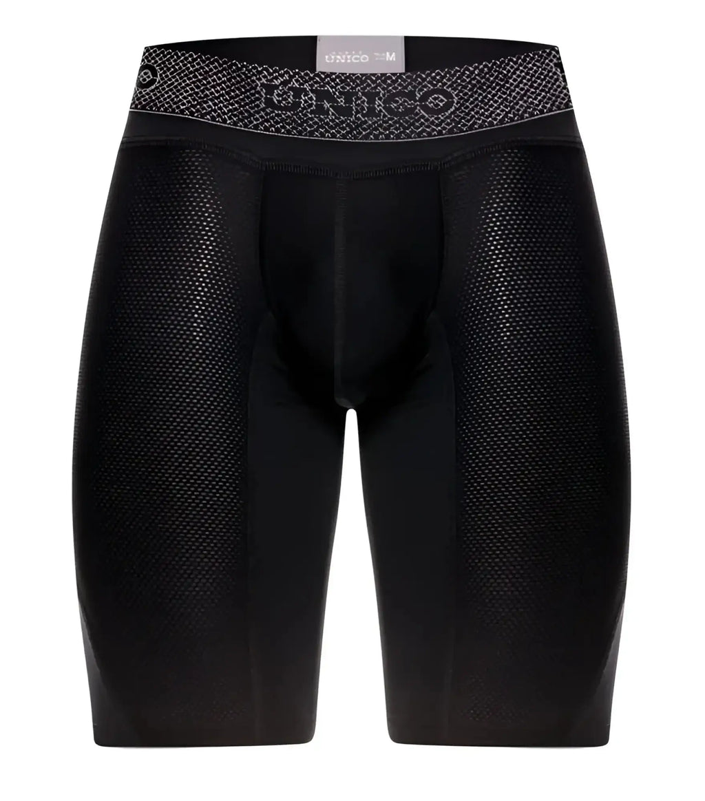 Black unico 24080100322 ardid boxer briefs with textured mesh fabric and patterned waistband front view