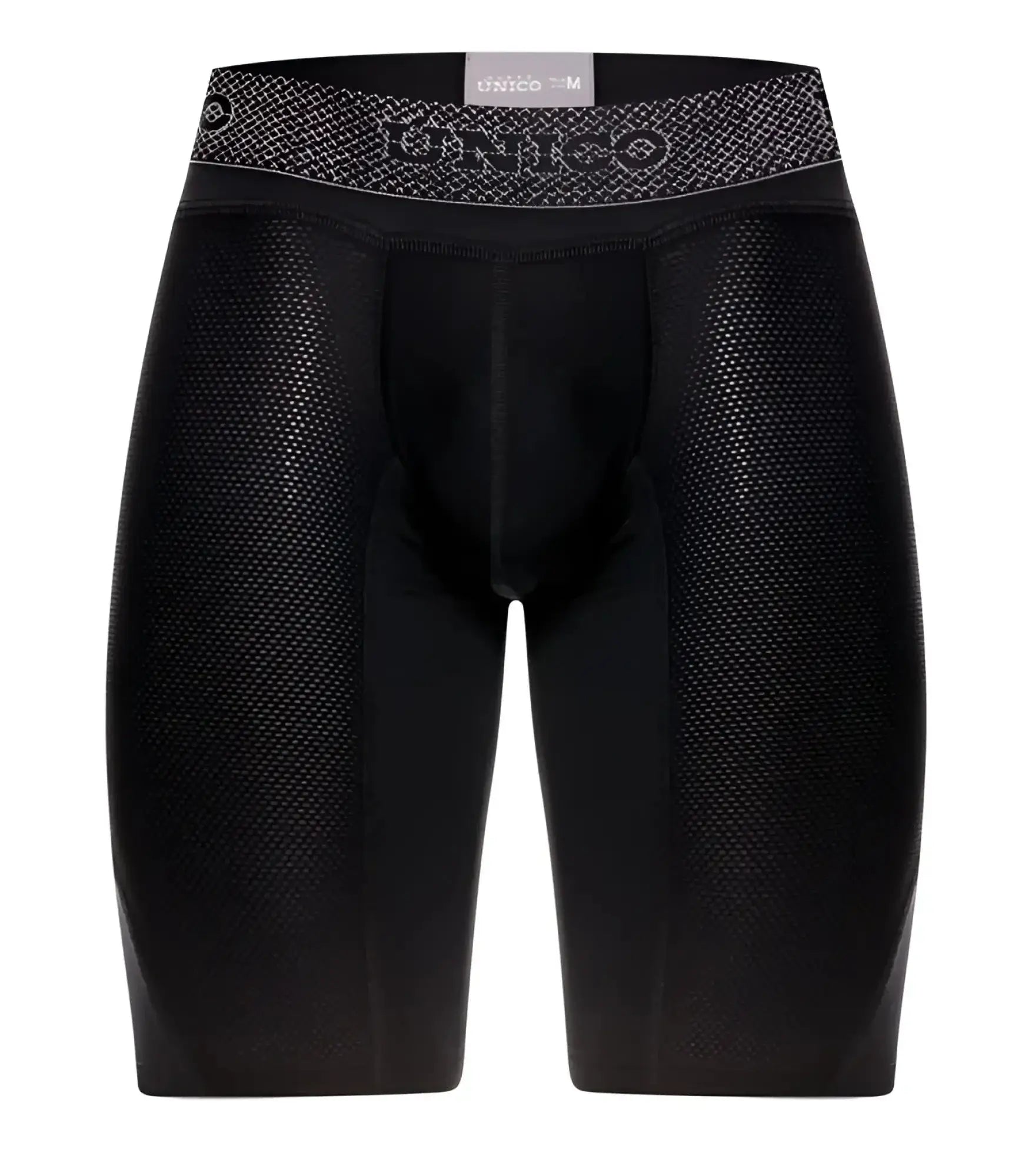 Black unico 24080100322 ardid boxer briefs with textured mesh fabric and patterned waistband front view