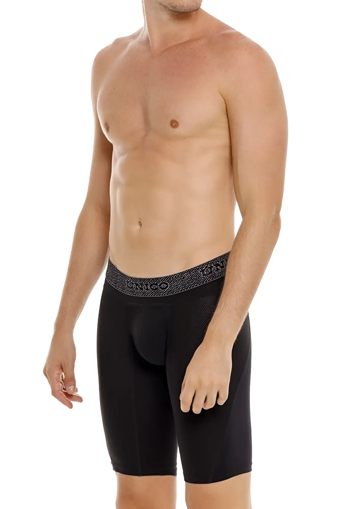 Black men’s unico ardid boxer briefs in black with a patterned waistband featuring the brand name unico