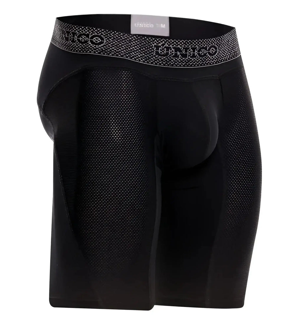 Unico 24080100322 Ardid black boxer briefs in black mesh with a gray patterned Unico waistband