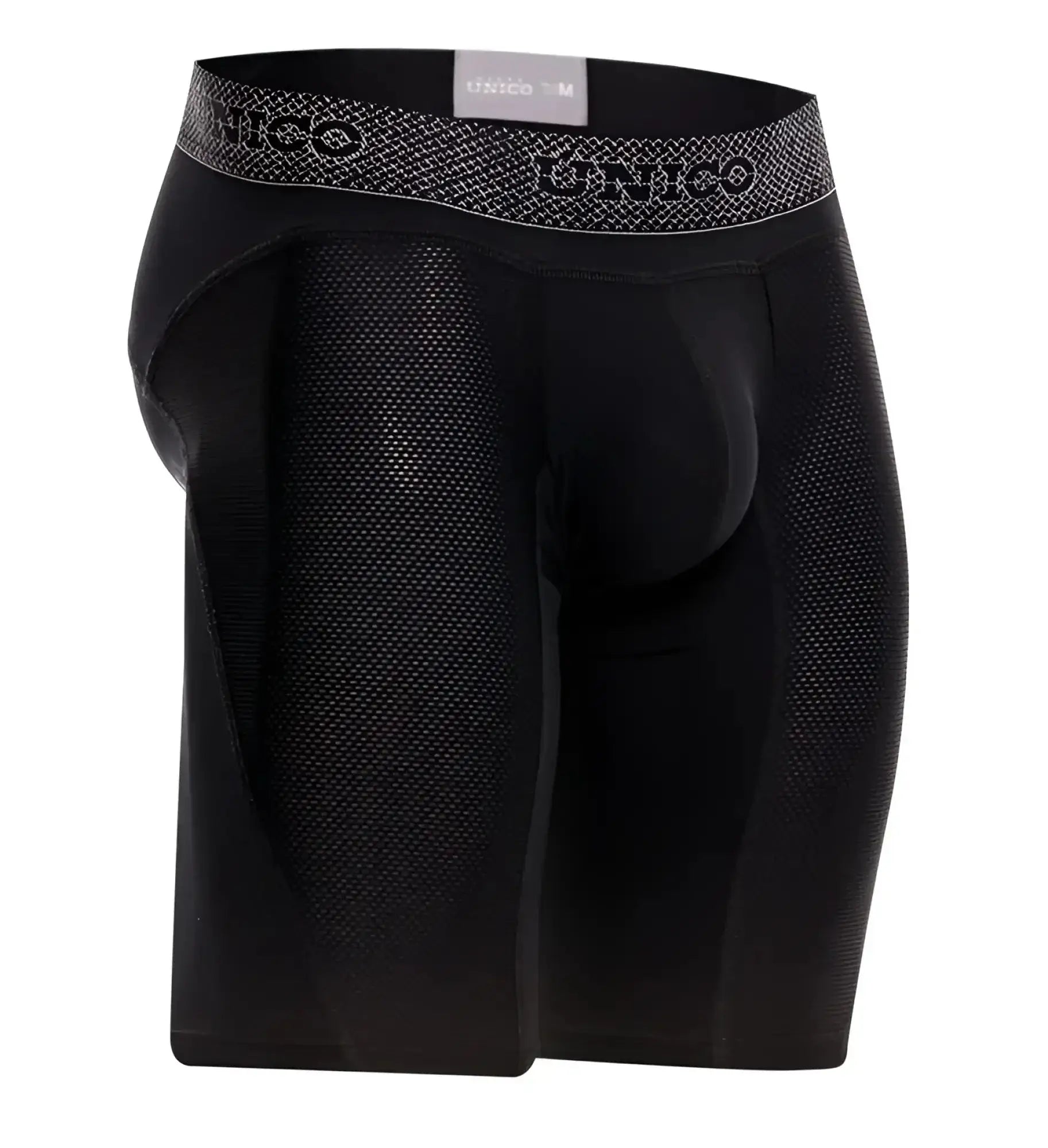 Unico 24080100322 Ardid black boxer briefs in black mesh with a gray patterned Unico waistband