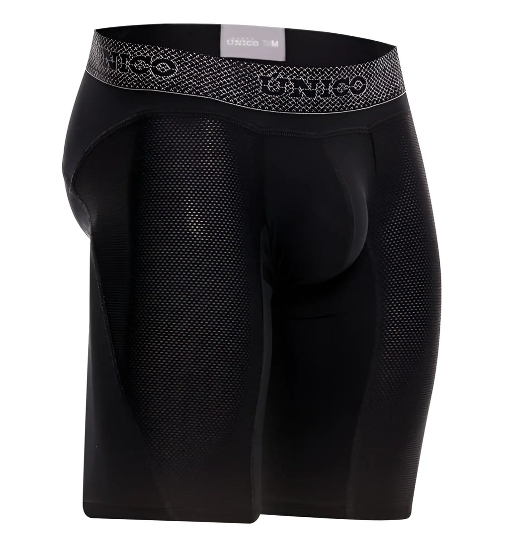Unico 24080100322 Ardid black boxer briefs in black mesh with a gray patterned Unico waistband
