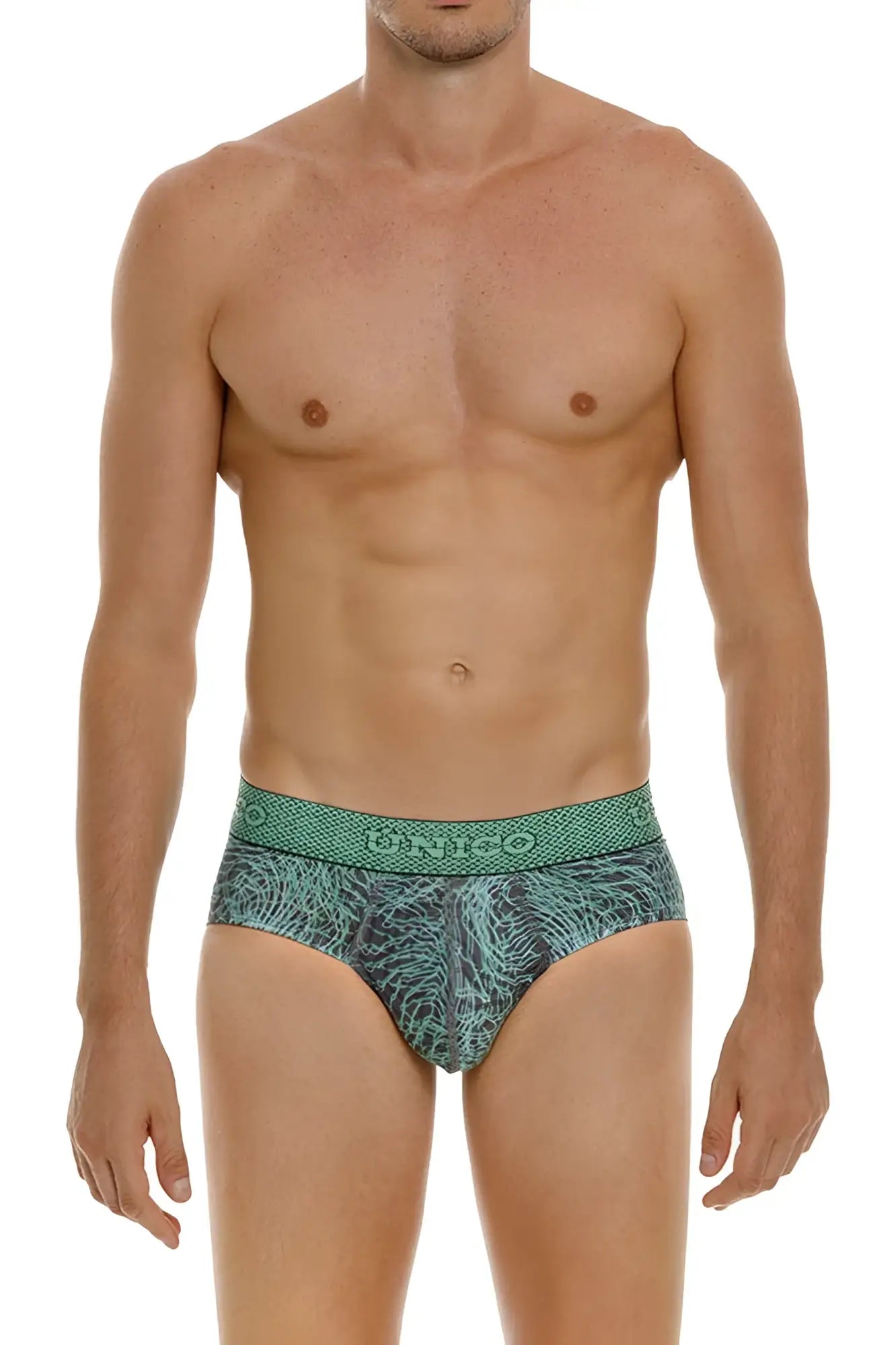 Green unico 24080101105 cairel briefs with textured abstract pattern and unisco waistband logo in color 43-green