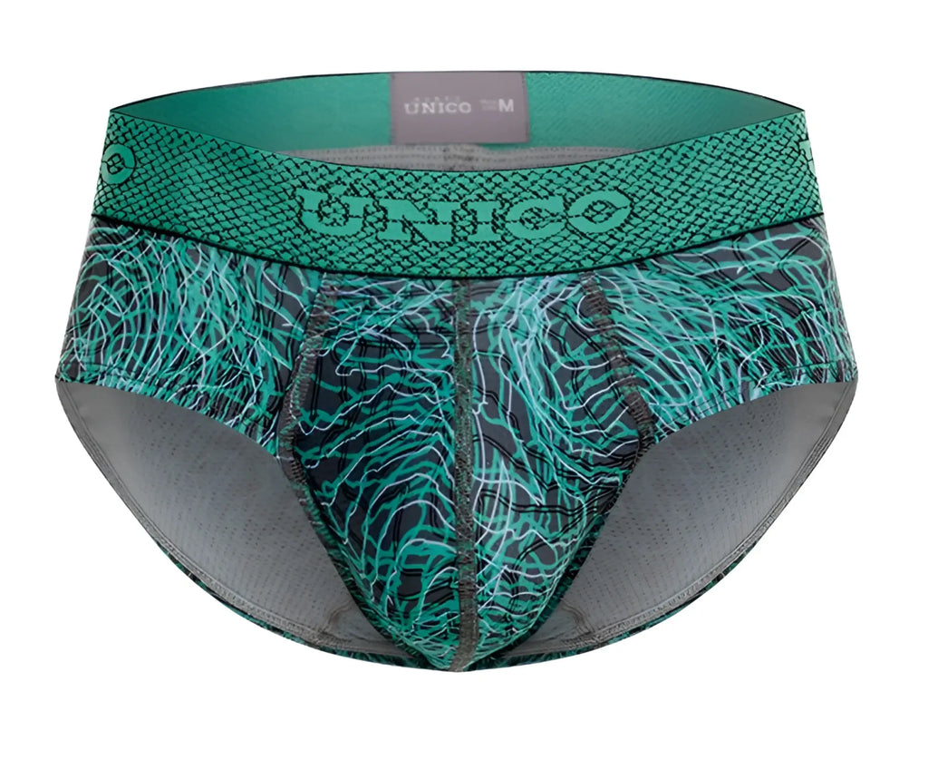 Teal and black unico 24080101105 cairel briefs with textured web-like pattern on front in green color