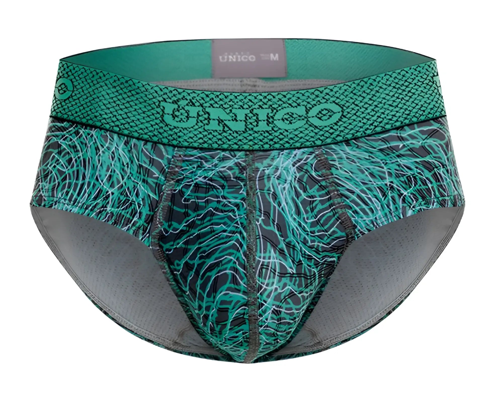 Teal and black unico 24080101105 cairel briefs with textured web-like pattern on front in green color