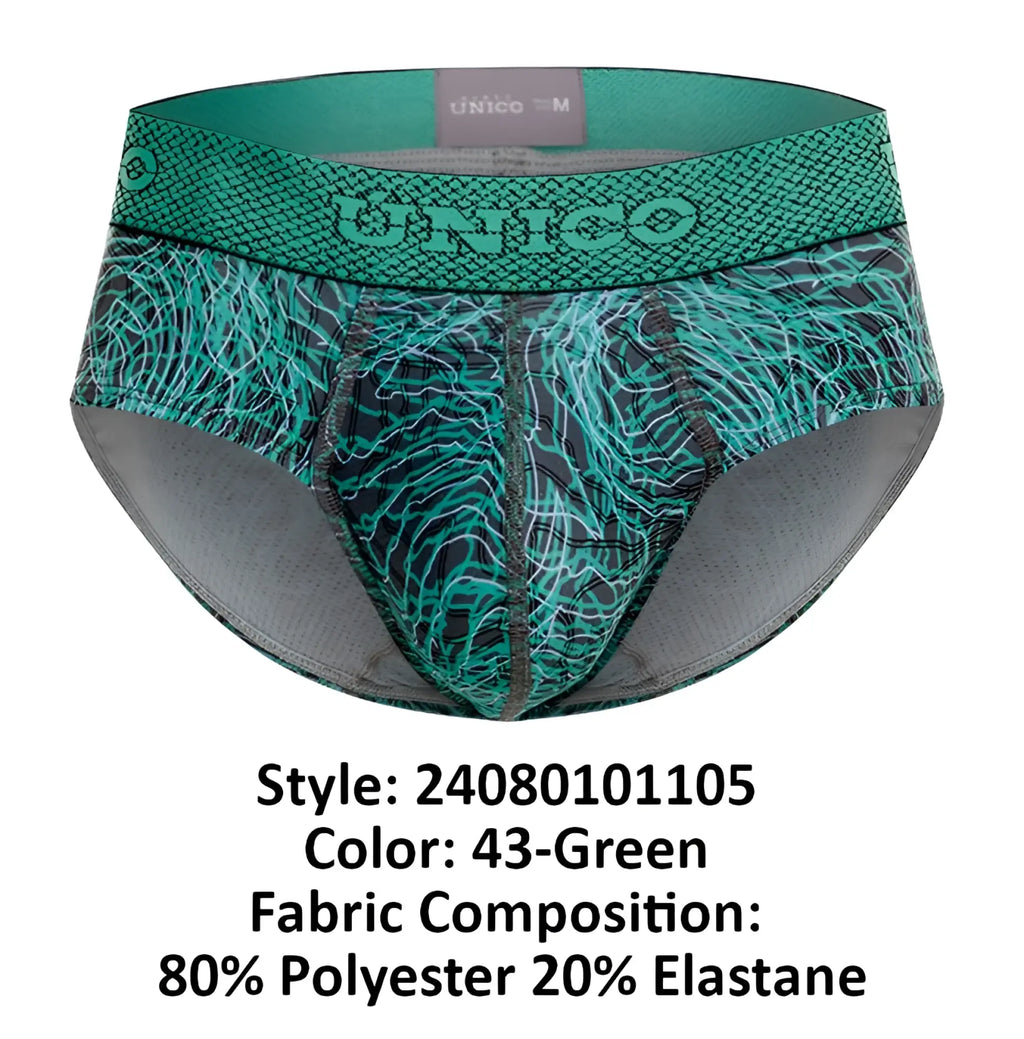 Teal and black unico 24080101105 cairel briefs with snake-scale textured waistband in green color pattern
