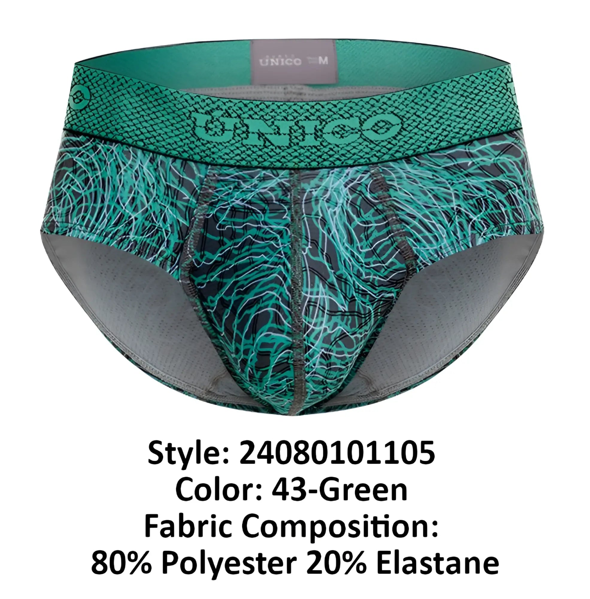 Teal and black unico 24080101105 cairel briefs with snake-scale textured waistband in green color pattern