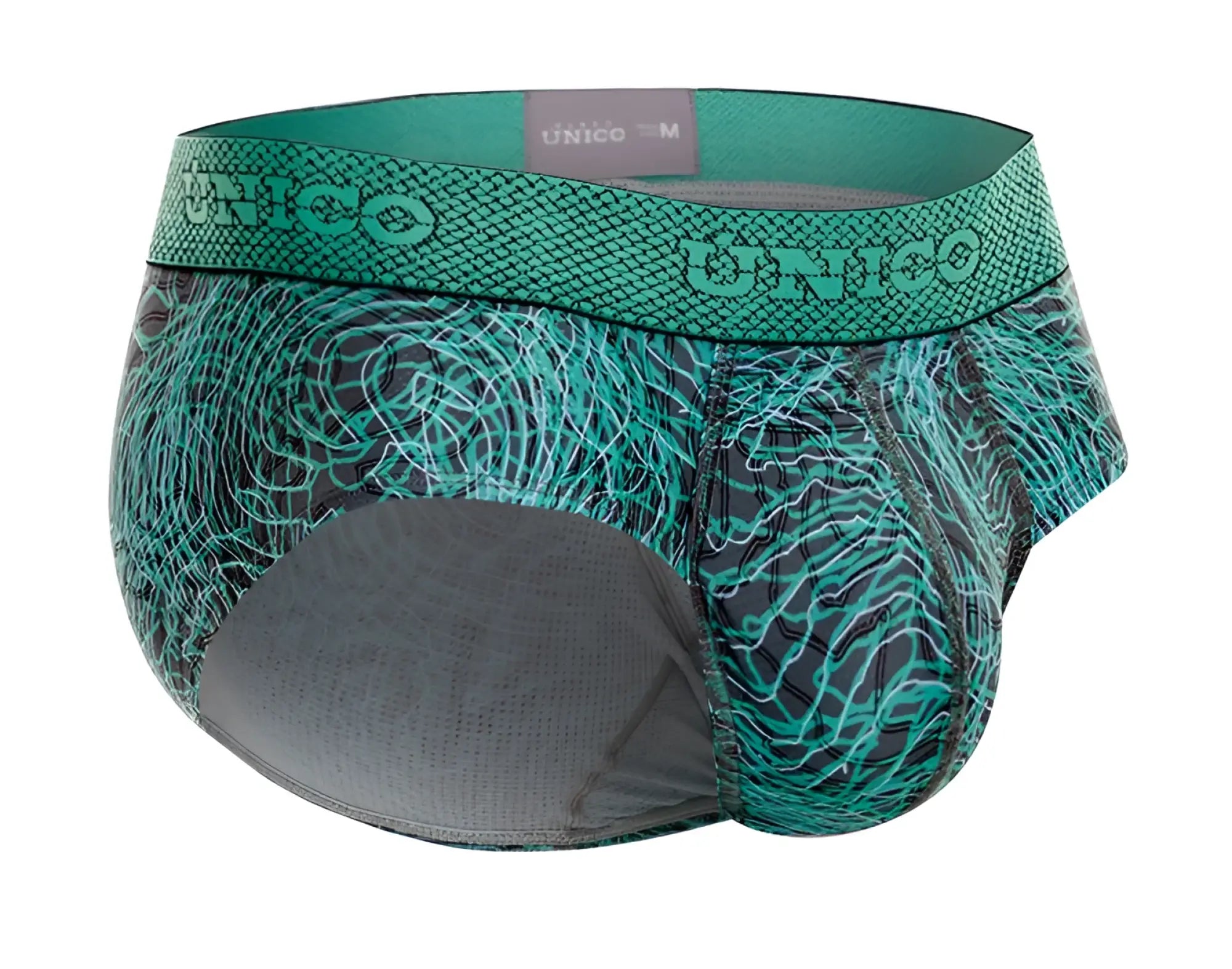 Teal and black patterned unico cairel briefs with textured waistband in green color for men