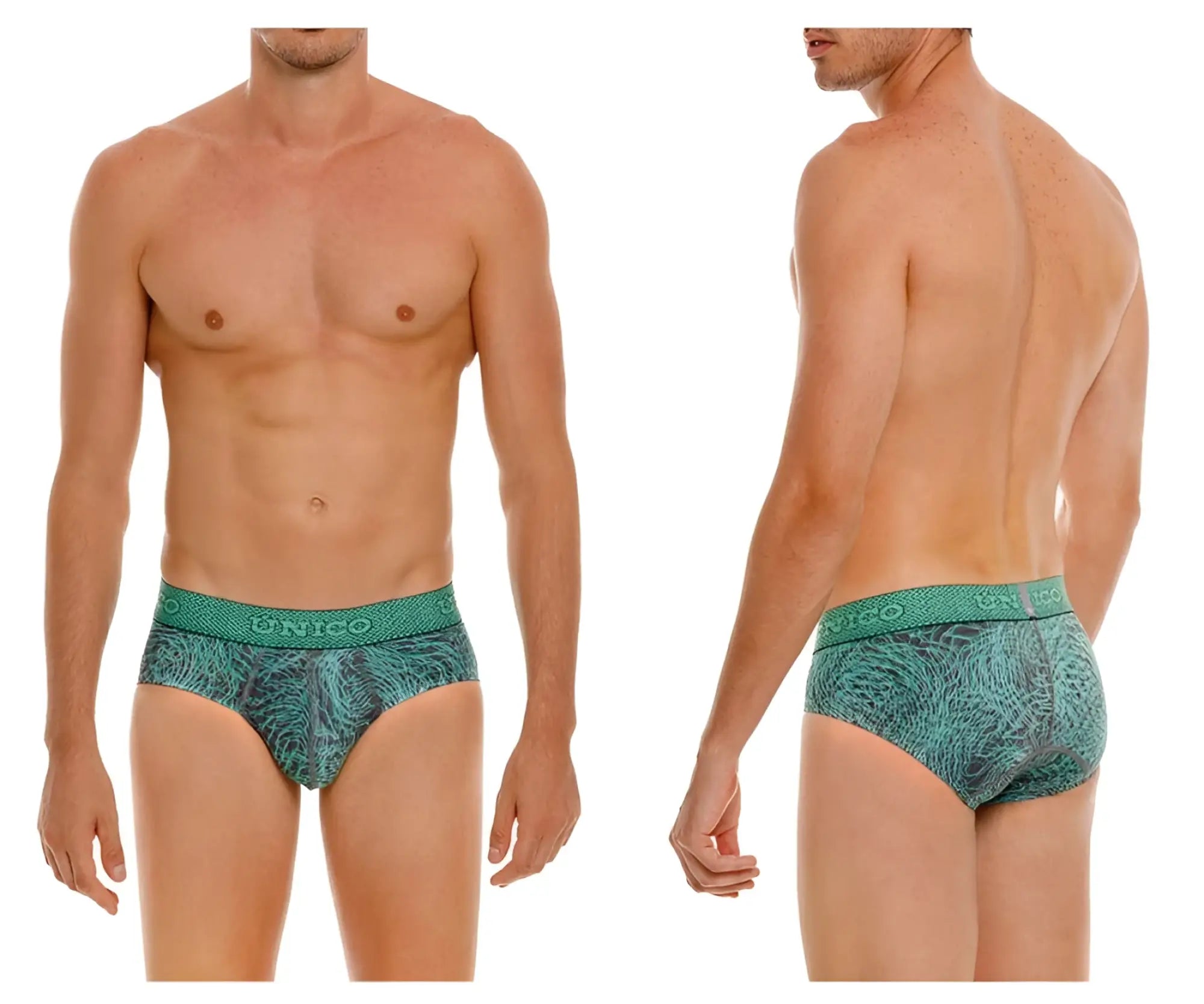 Unico 24080101105 Cairel briefs in teal and dark green with textured abstract pattern for men