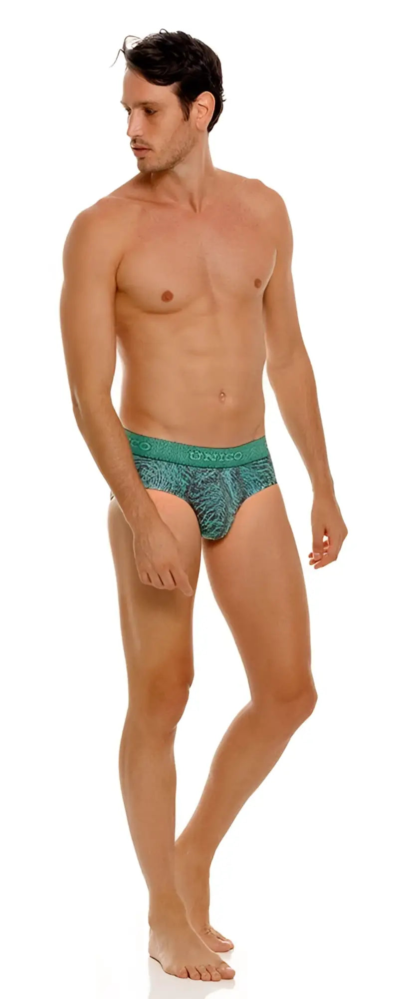 Unico cairel briefs in teal patterned fabric with matching elastic waistband for men