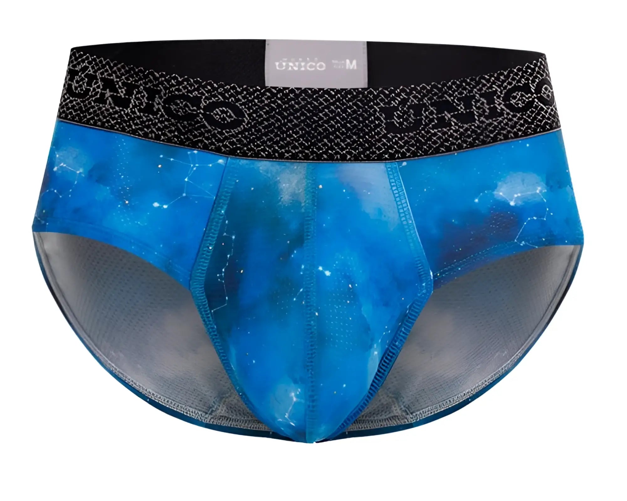 Men’s blue cosmic-themed unico infinito briefs with black waistband and size label in a breathable fabric